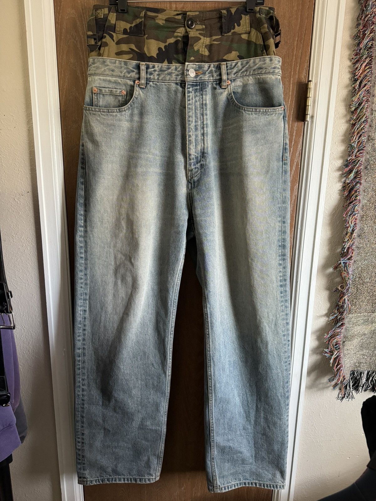 image of Balenciaga Fw21 Afterworld Double Waisted Camo Denim in Blue, Men's (Size 33)