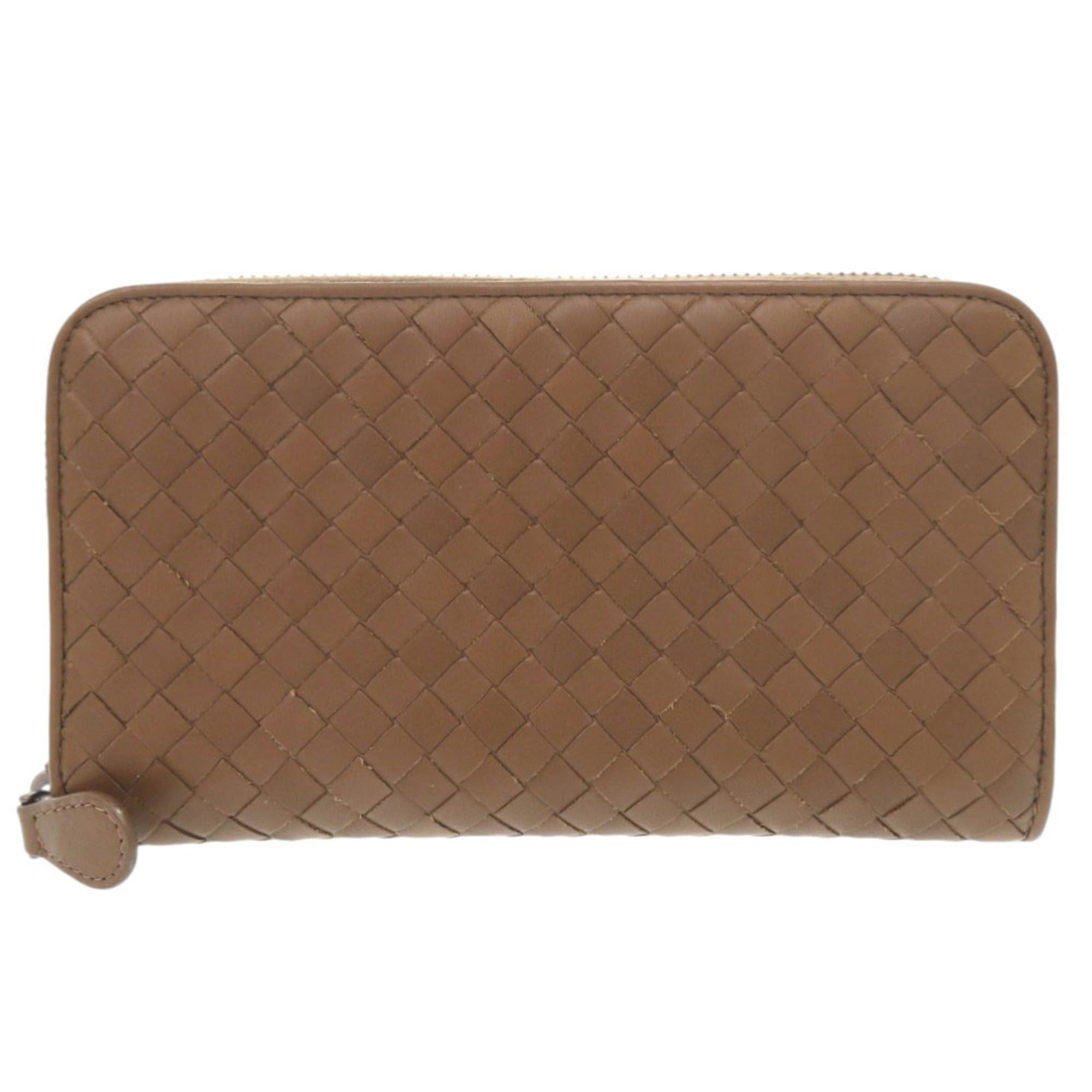 Excellent condition Bottega Veneta Intrecciato leather brown round zipper long wallet 1467 BOTTEGAVENETA