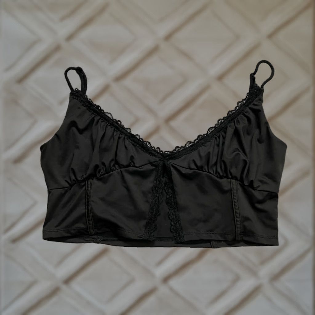 Vintage Occasion Cropt Top Women XL Solid Black Mini Lace Bustier Spaghetti Strap Stretch Tank Cropped Size XL / US 12-14 / IT 48-50 - 1 Thumbnail