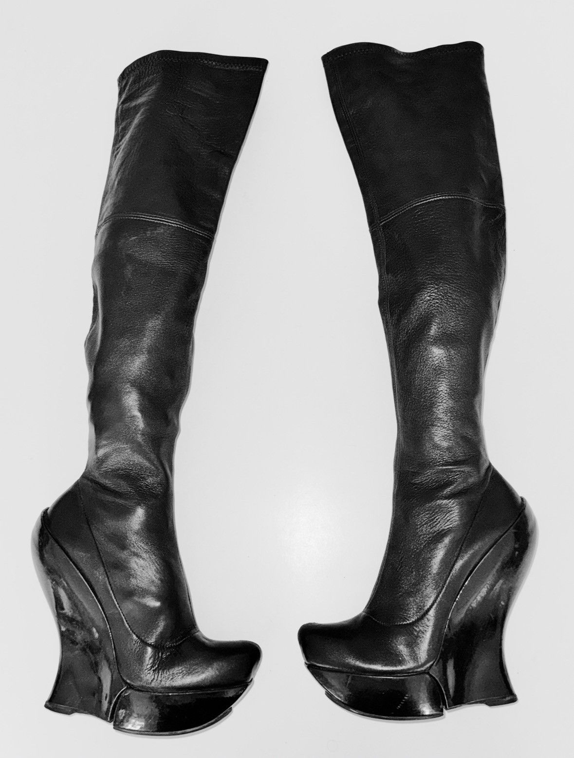 Celine Celine Black Leather Knee High Wedge Platform Boots Archive Size US 6 / IT 36 - 3 Thumbnail