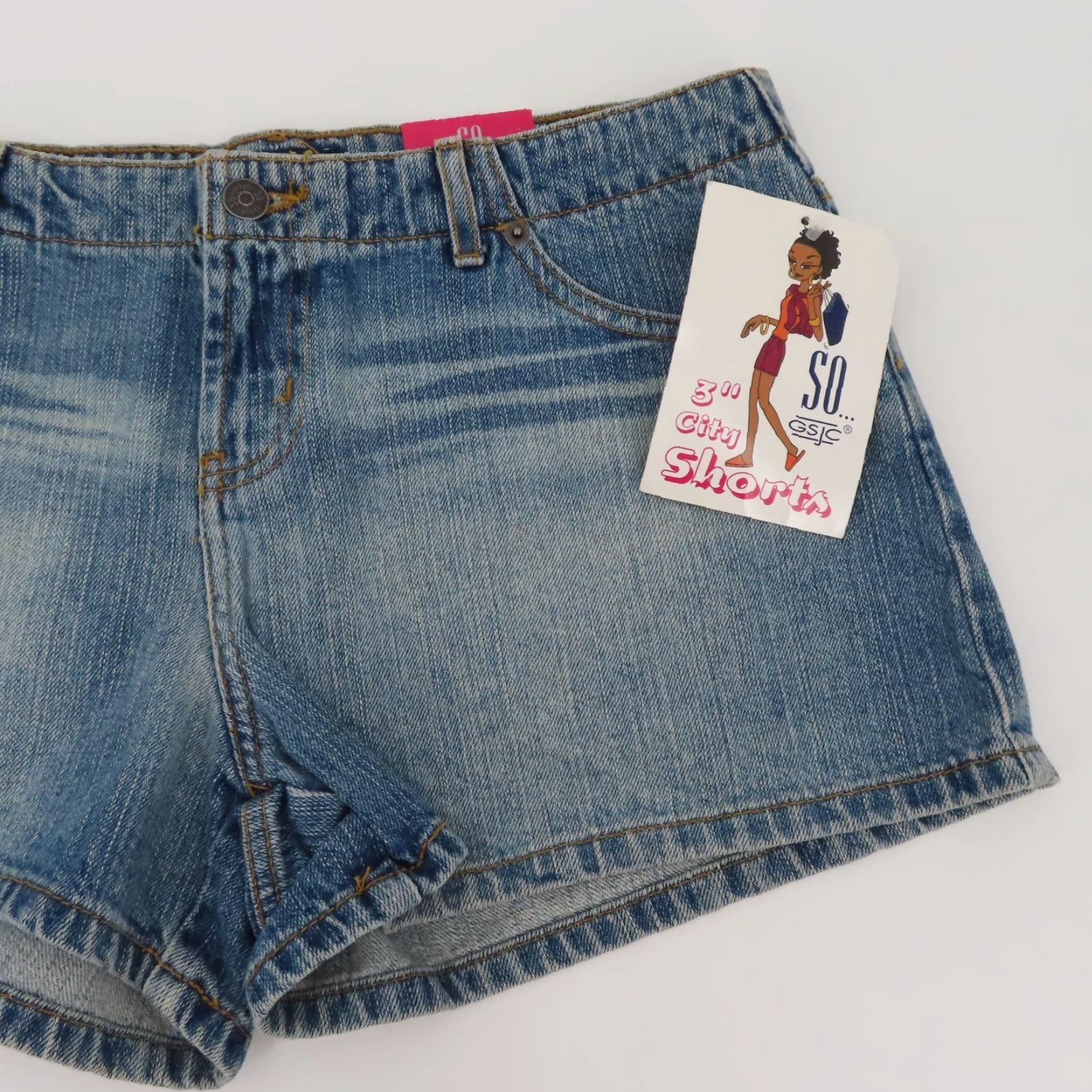 Denime VINTAGE SO Juniors 11 No Waist Blue Denim City Shorts 3in Inseam Whiskered NEW Jeans Hot Pants Girls Size 32" / US 10 / IT 46 - 4 Thumbnail