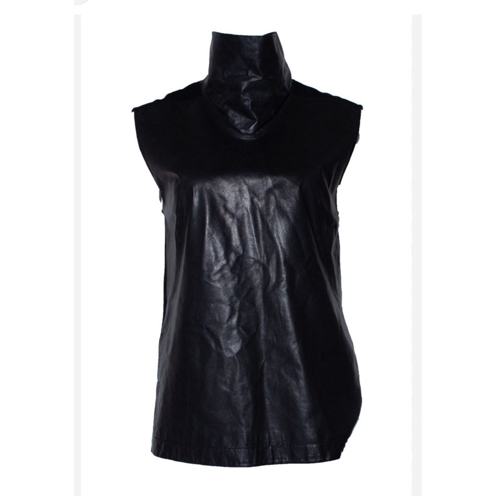 Helmut Lang Helmut Lang Black Leather Top – Minimalist V-Neck – Size 4 Size S / US 4 / IT 40 - 2 Thumbnail
