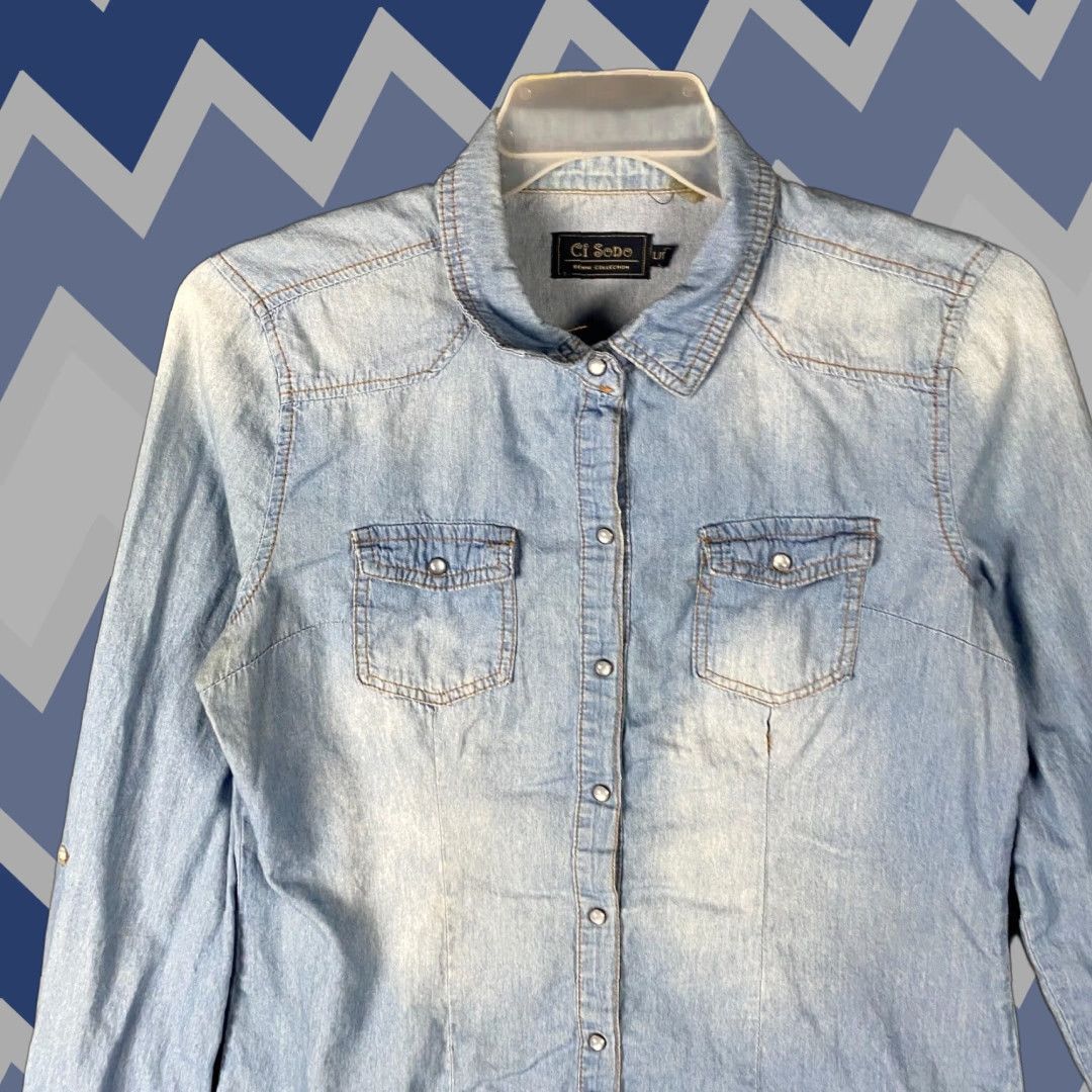 Vintage CI SONO Pearl Snap Top Women's Large Long Sleeve Blue 100% Cotton Adults L Size L / US 10 / IT 46 - 1 Thumbnail