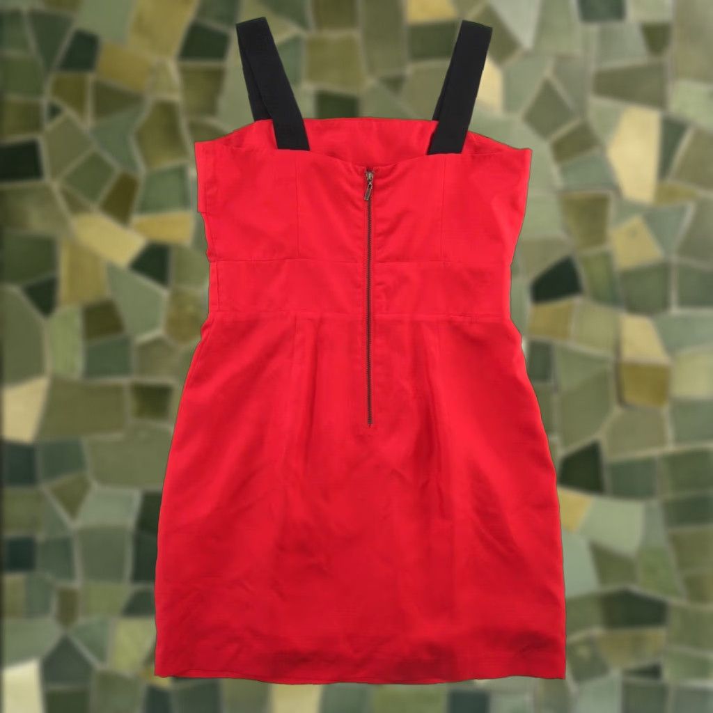 bebe Red 100% Silk Black Strap Pleated Empire Waist Sheath Party Dress Medium