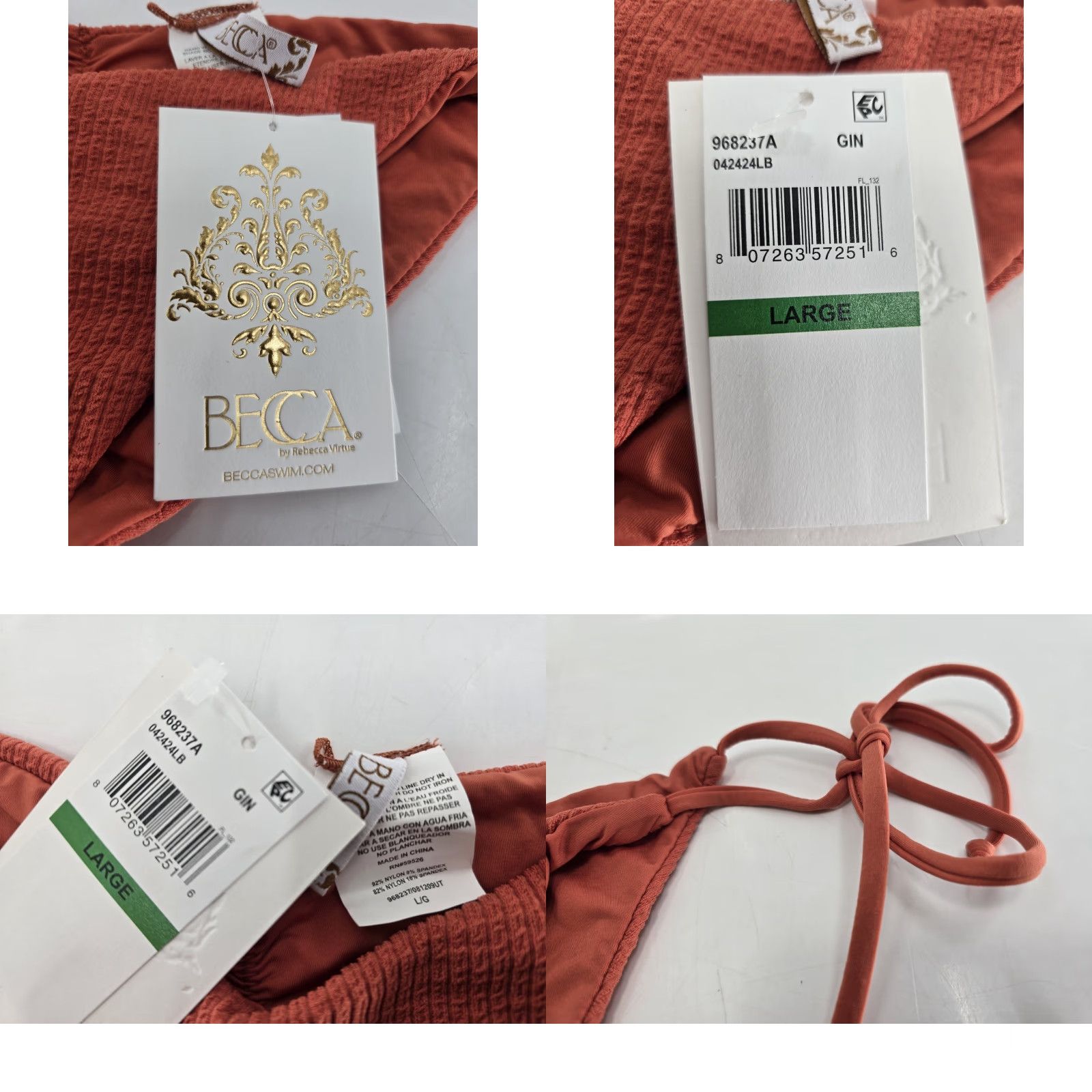 Vintage BECCA BY REBECCA VIRTUE NWT Pucker Up Tie Side Bikini Bottom Ginger L Size 36" / US 14 / IT 50 - 8 Thumbnail