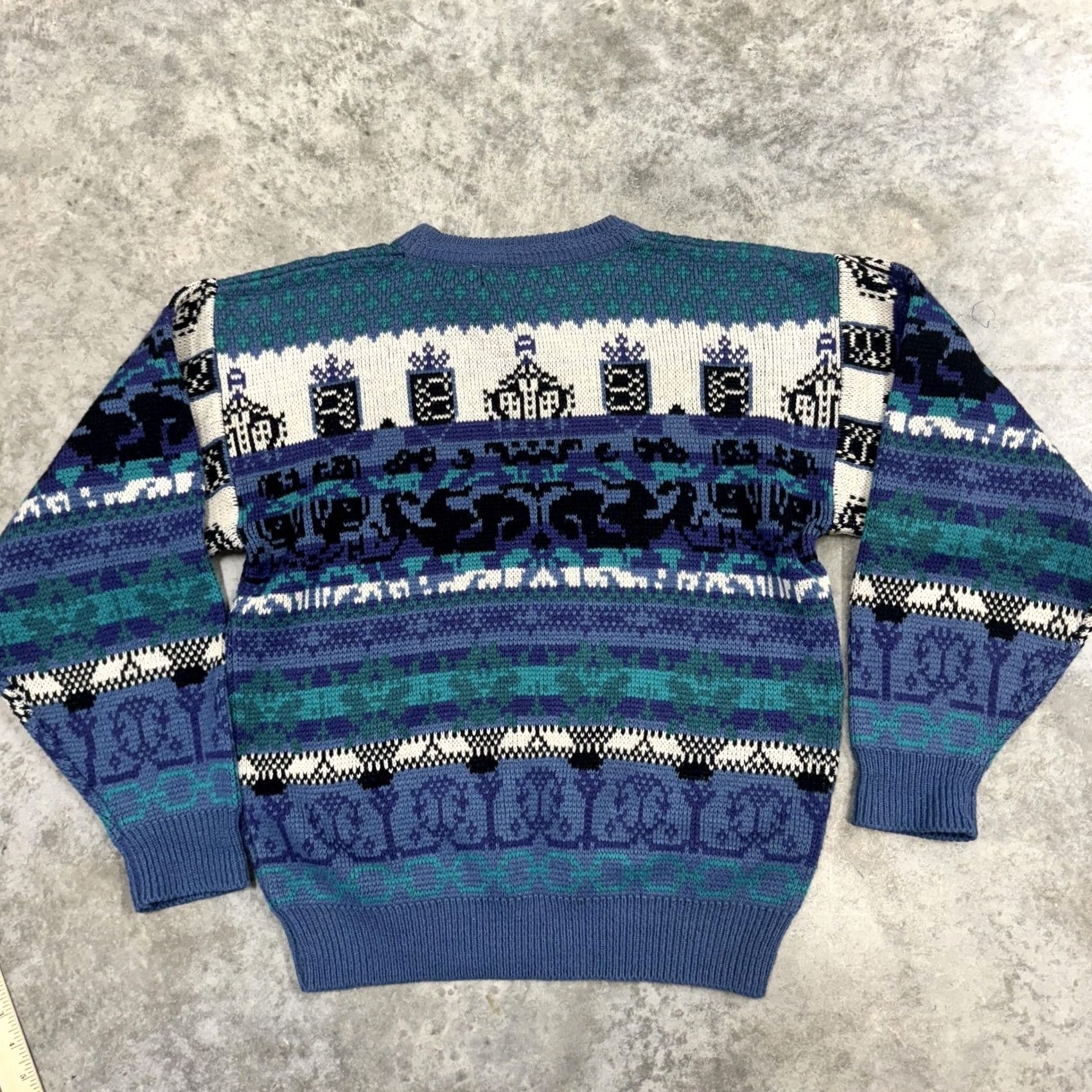 Saturdays NYC Vintage Saturdays Sweater Mens Medium Blue Teal Acrylic Knit Pattern 80s Retro Graphic Print Crew Neck Pullover Size US M / EU 48-50 / 2 - 4 Thumbnail