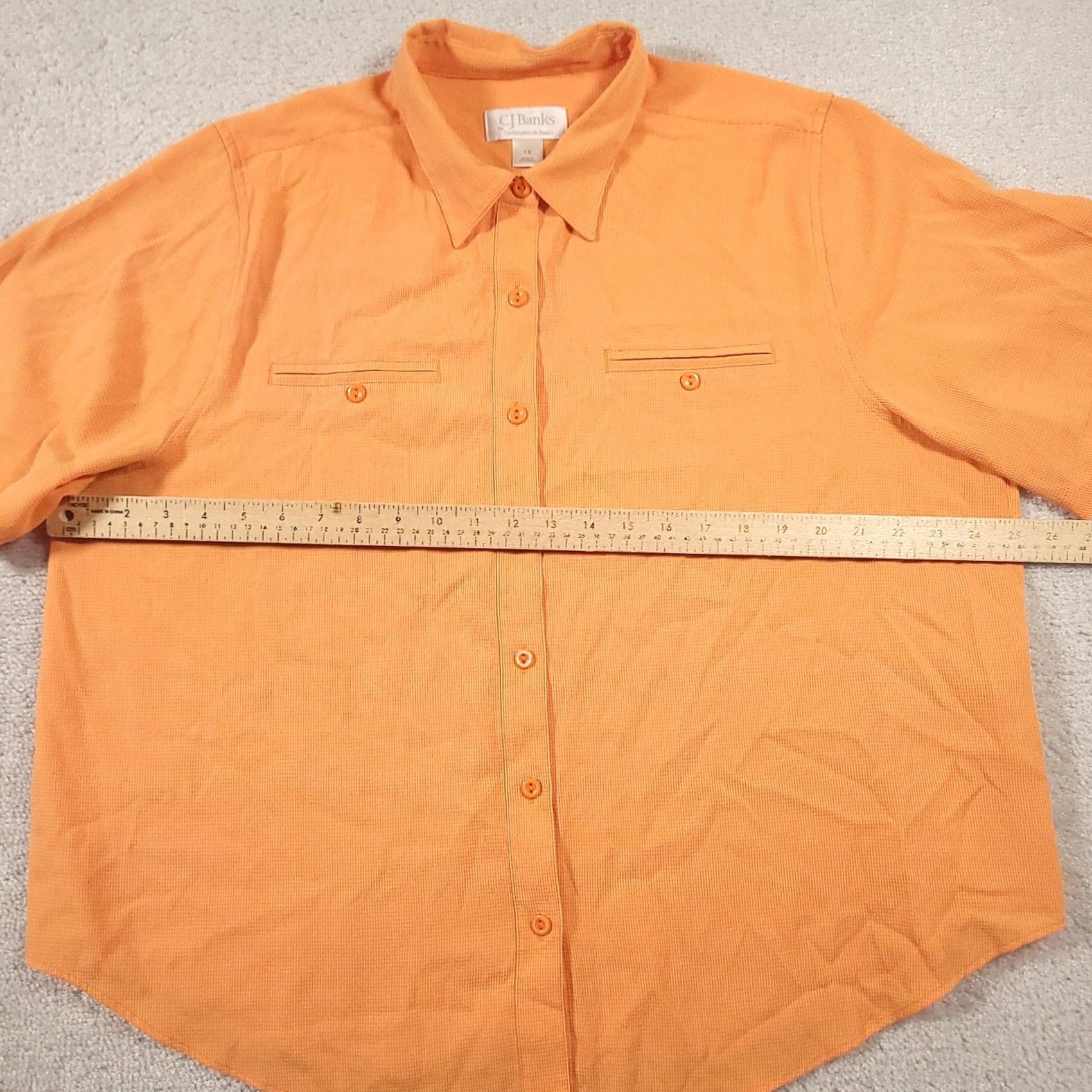 Vintage C.J. Banks Shirt Womens 1X Orange Short Sleeve Button Front Rayon Blend Pockets Size XL / US 12-14 / IT 48-50 - 4 Thumbnail