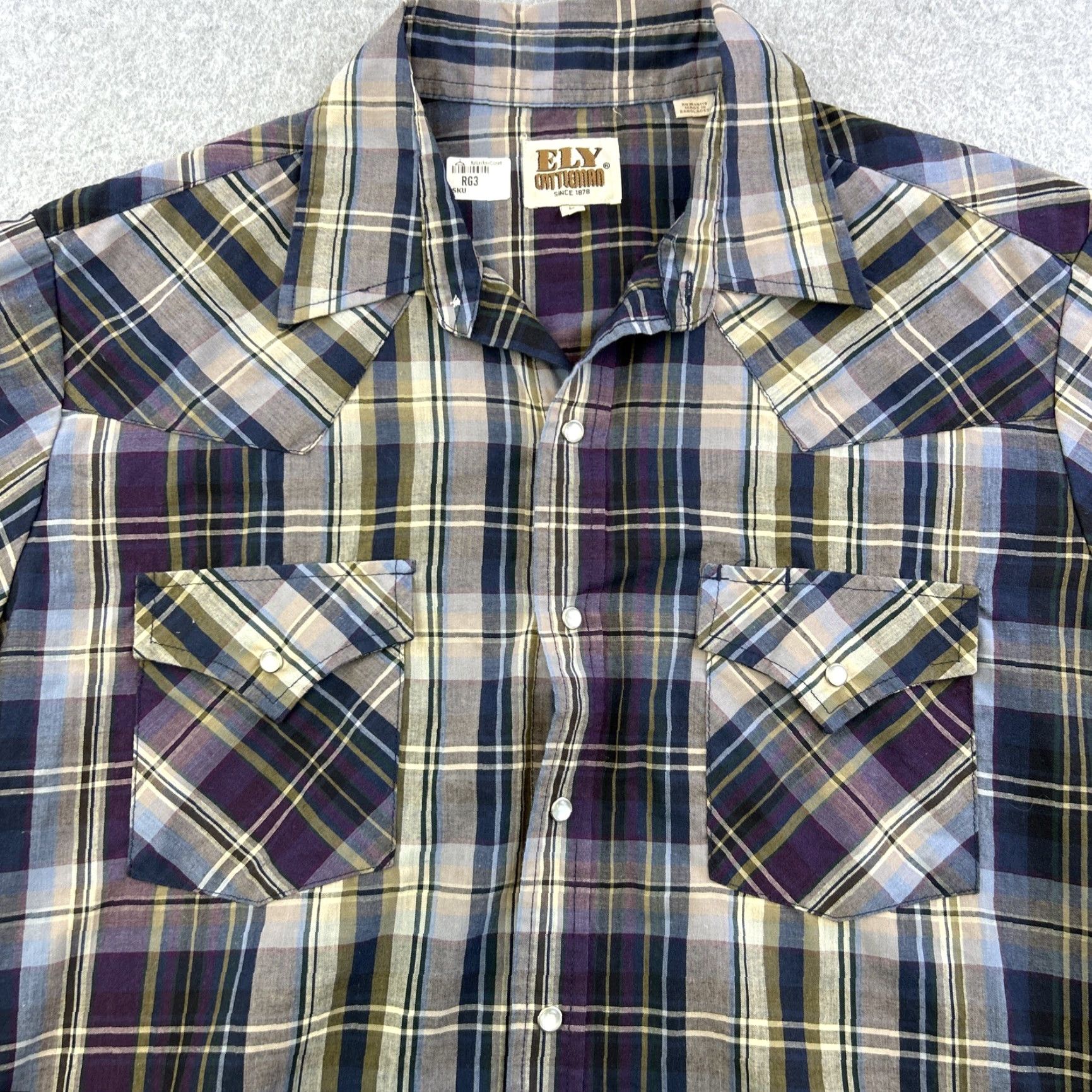 Vintage VINTAGE Ely Cattleman Shirt Mens L Blue Purple Plaid Short Sleeve Pearl Snap Adult Size US L / EU 52-54 / 3 - 4 Thumbnail