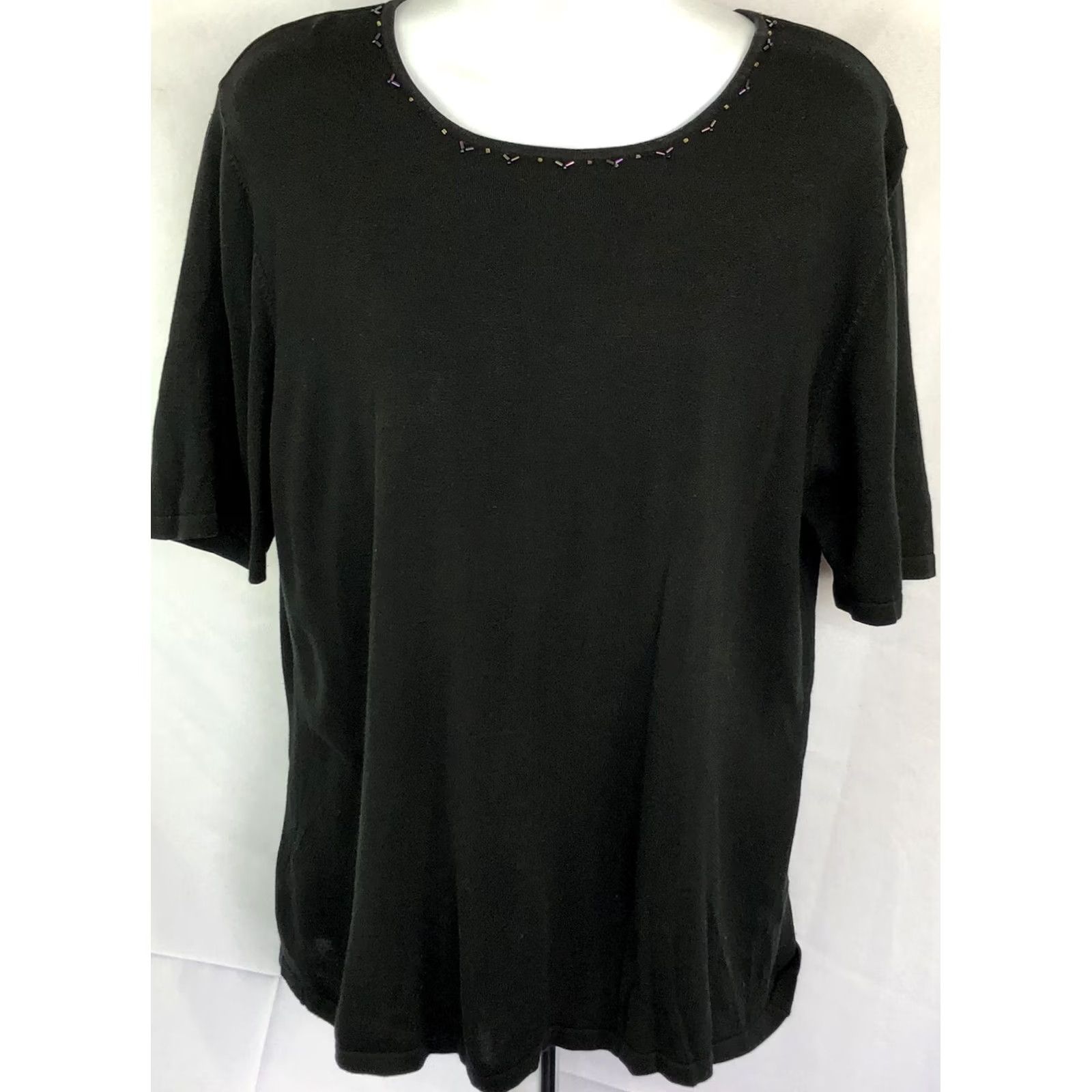 Vintage Nancy Bolen Silk Knit Top Blouse M Black Beaded Short Sleeve Round Neck Women 38 25 Classic Tee Y2K Size M / US 6-8 / IT 42-44 - 2 Thumbnail