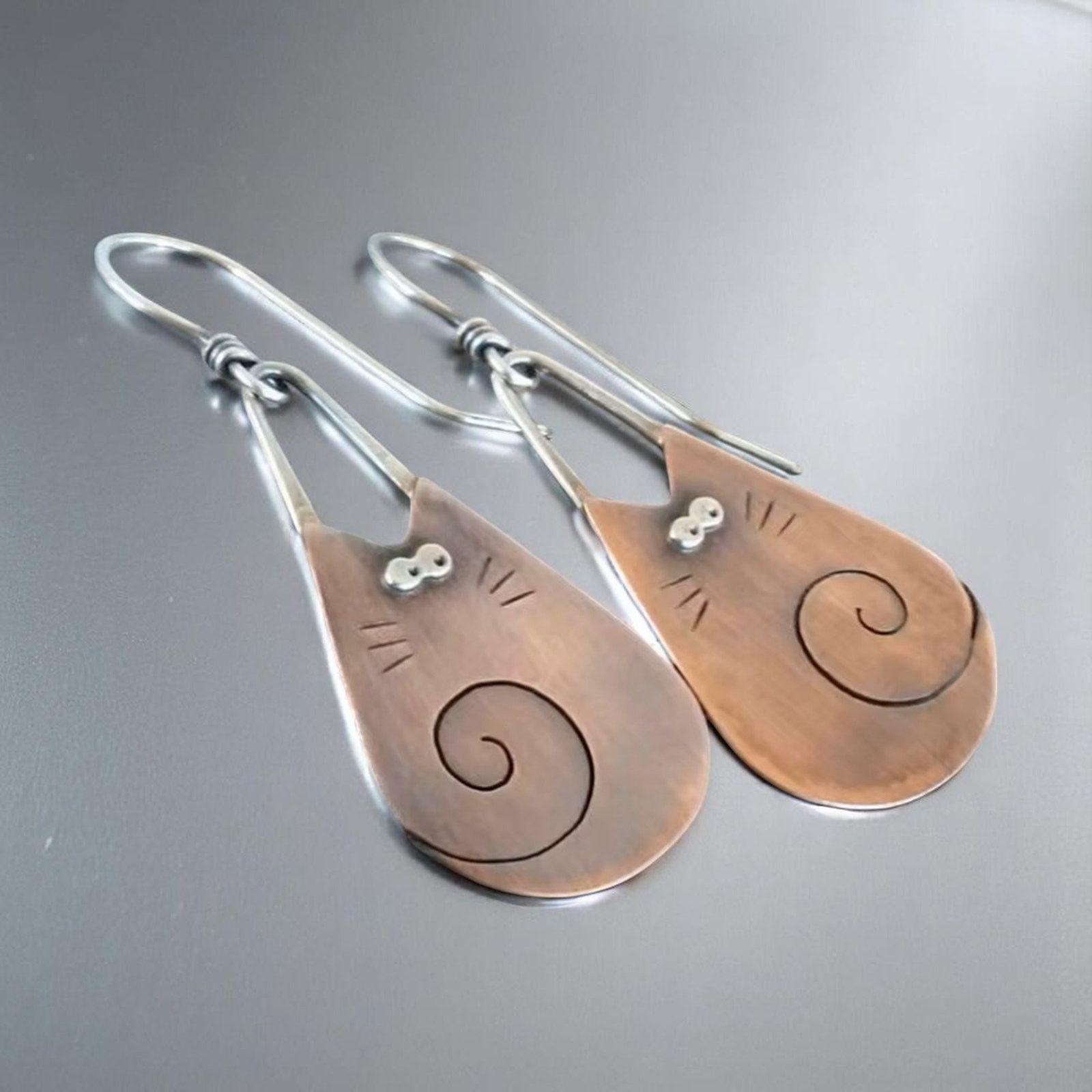 Designer Copper Cat Dangle Earrings Hooks Minimalist Design Size ONE SIZE - 1 Thumbnail