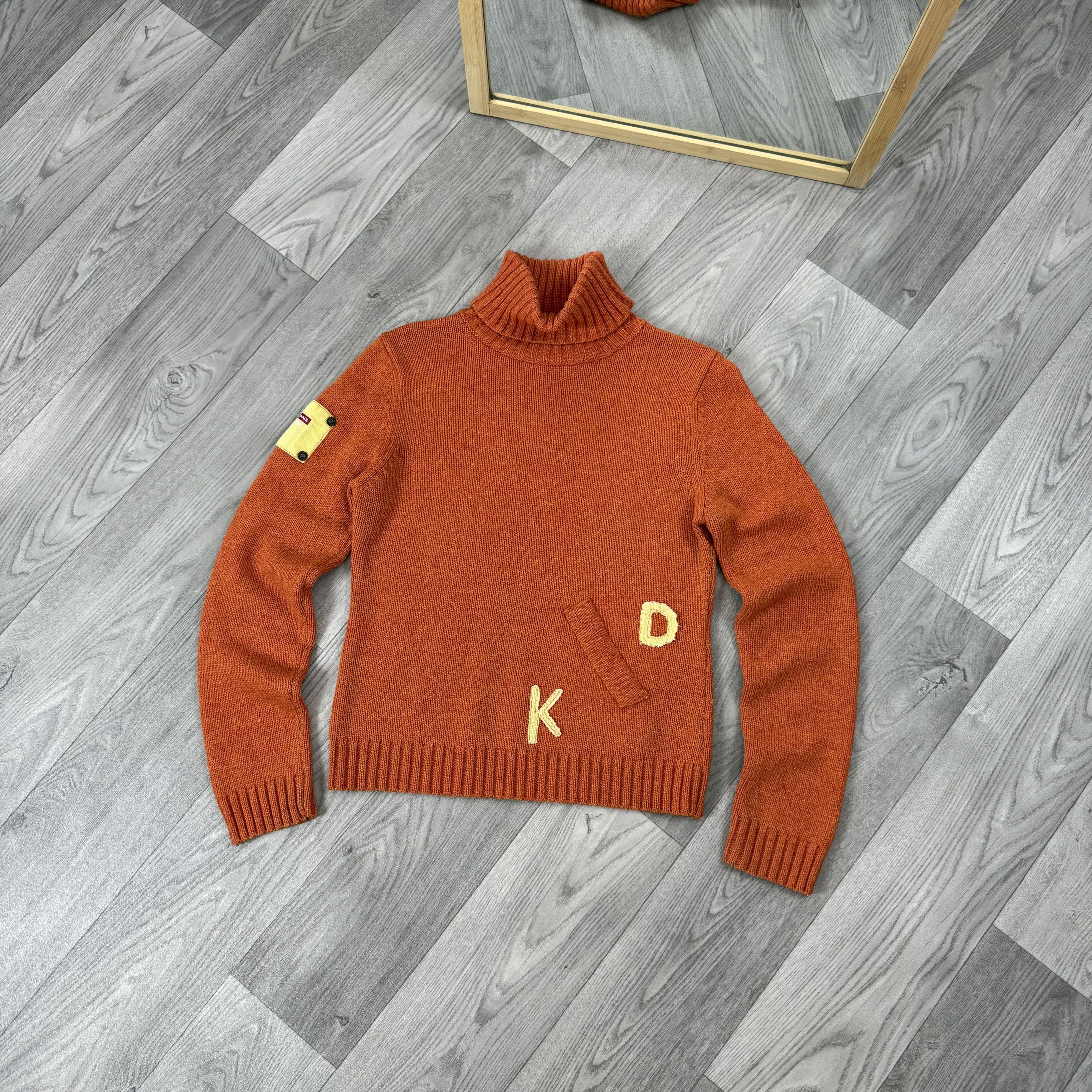 DKNY Vintage DKNY 90s Orange Patchwork Turtleneck Knit Sweater Size S / US 4 / IT 40 - 1 Thumbnail