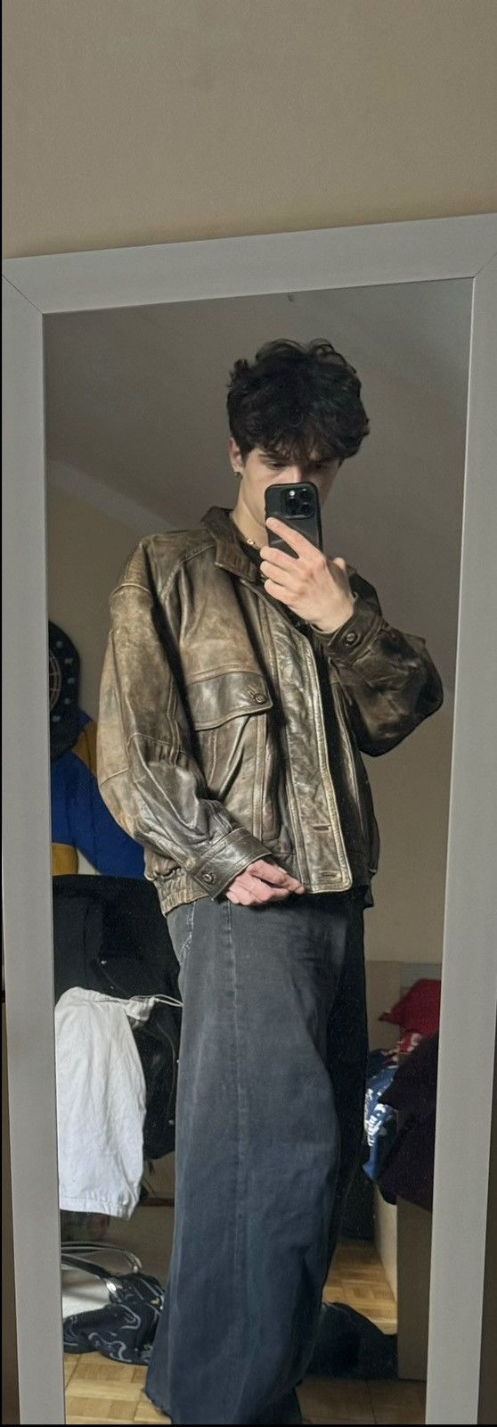 image of Avant Garde x Leather Jacket Vintage Leather Bomber Jacket Aviator Jacket in Cafe Brown (Size Large