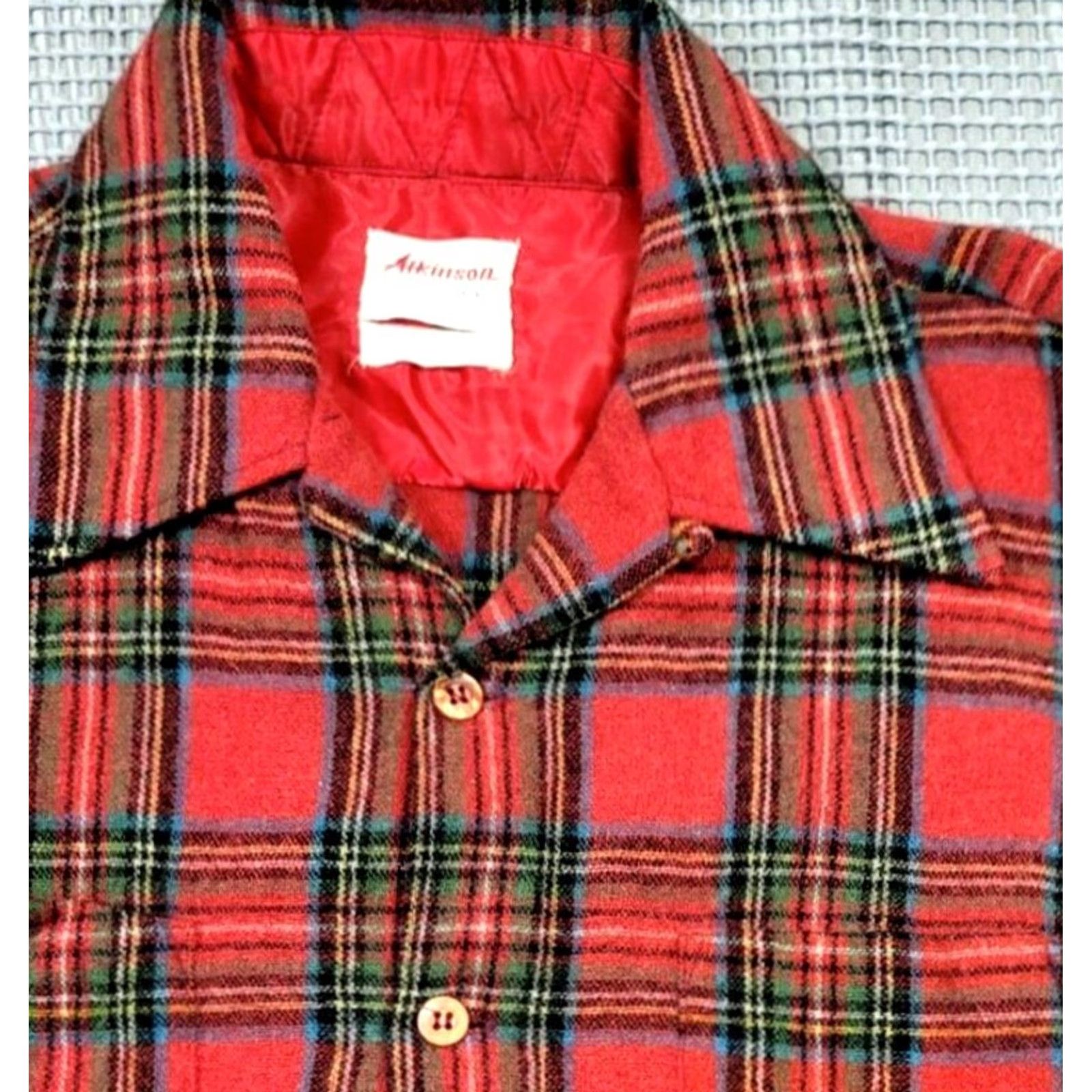 Vintage VTG Atkinson Wool Blend Loop Collar Button Up Shirt Mens L Plaid Quiled Pockets 60s 70s Vintage Red Short/Long Sleeve Shirt Size US L / EU 52-54 / 3 - 4 Thumbnail