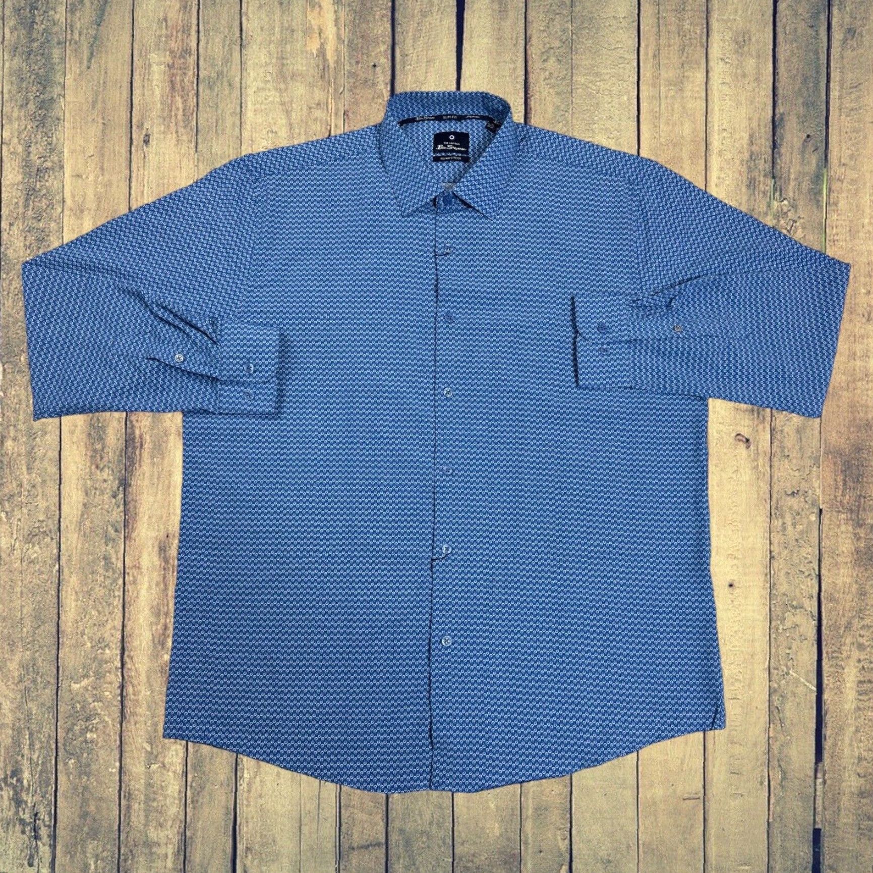 Ben Sherman Mens XL Slim Fit Stretch Geometric Swirls Blue Long Sleeve Button Up Shirt