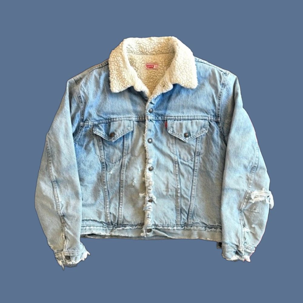 Levi's VINTAGE Levi's Denim Jacket 80s Sherpa Lined Size 46 Blue Distressed Rips Bomber Men Jacket Size US 30 / EU 46 - 1 Thumbnail