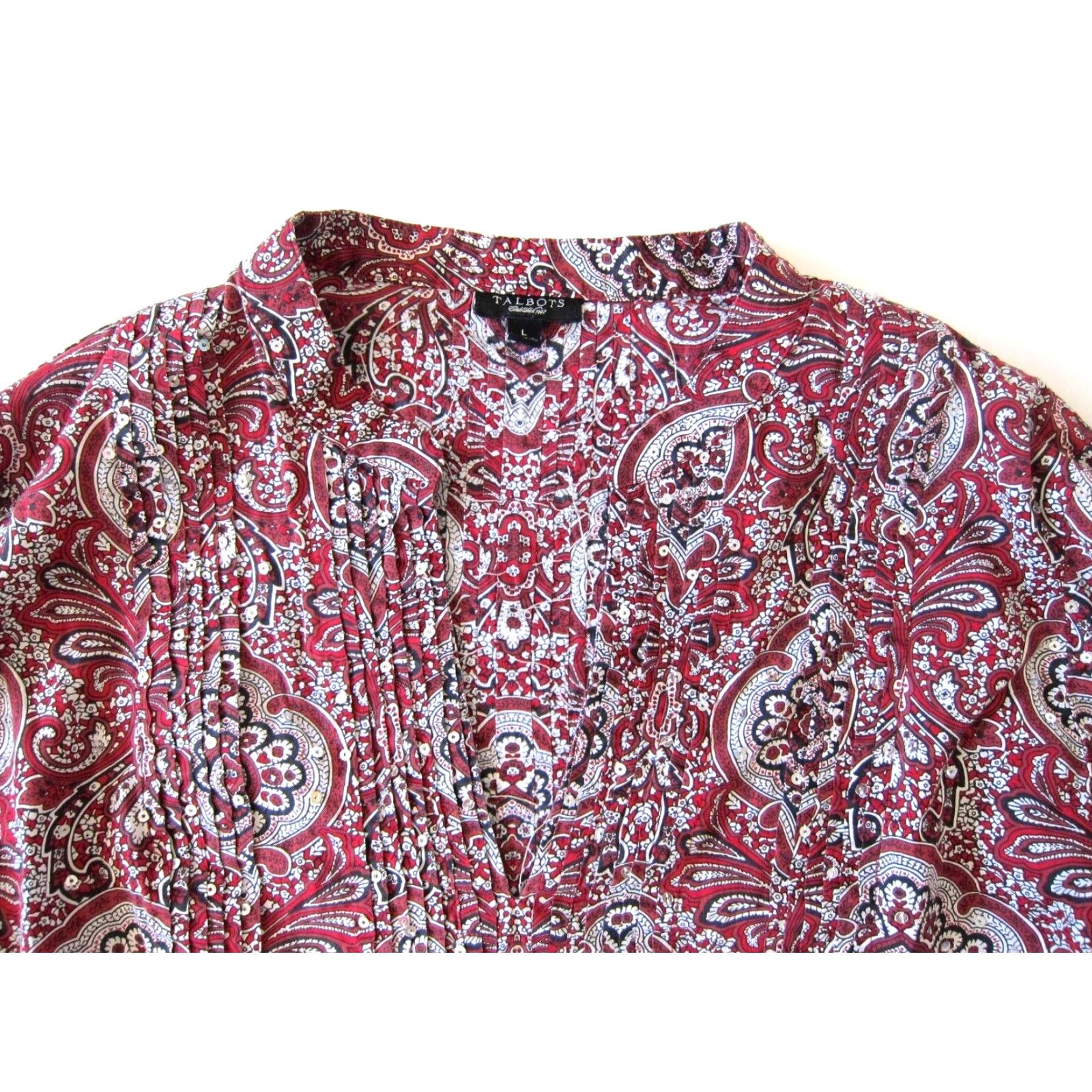 Talbots Talbot's Blouse Tunic V-Neck Long Sleeve 100% Cotton Red Black Paisley Sequin L Womens Size L / US 10 / IT 46 - 3 Thumbnail