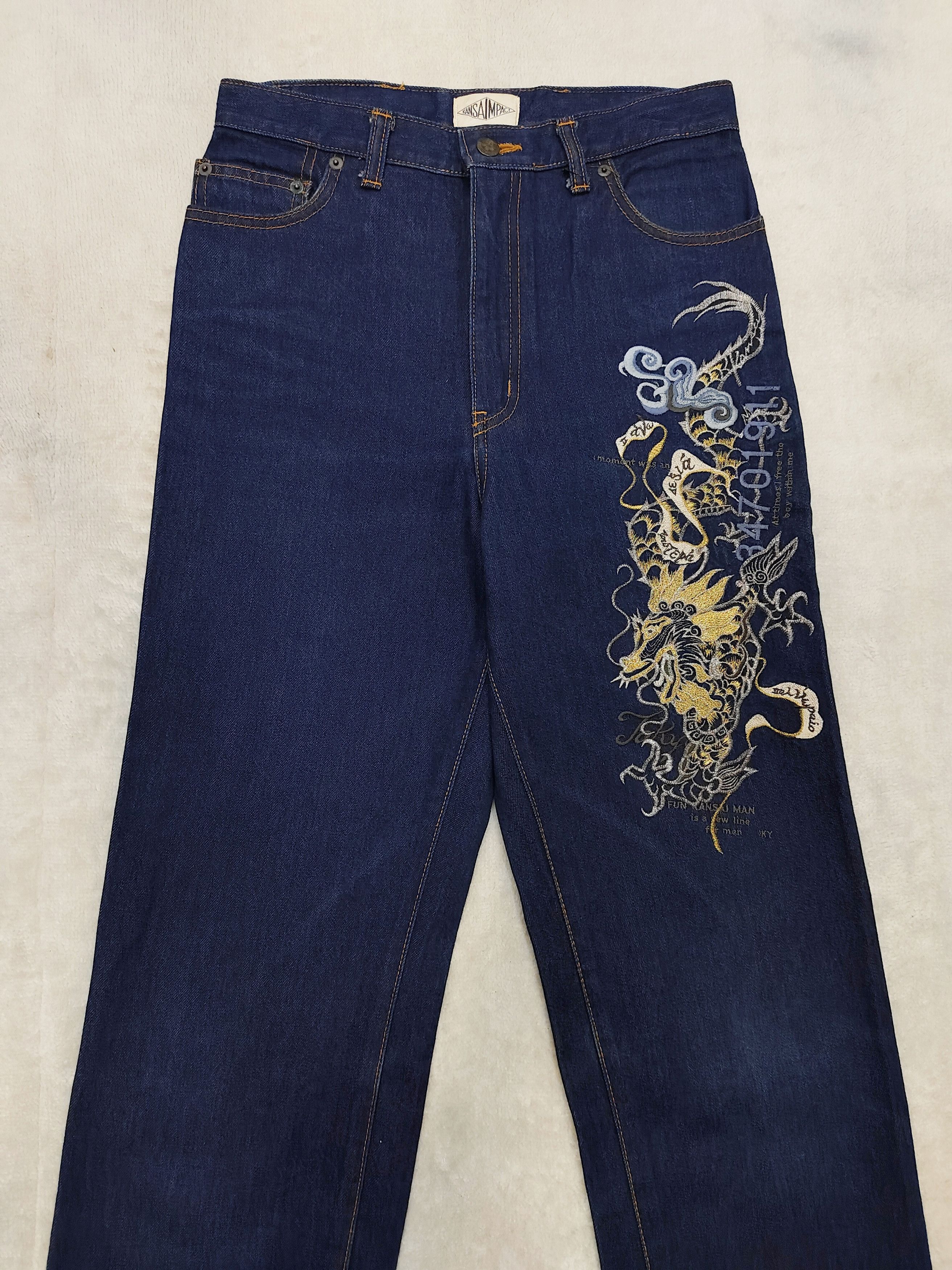 Kansai Yamamoto 90s Kansai Impact- Archive Gold Dragon Embrodiered Art Jeans Size US 29 - 4 Thumbnail