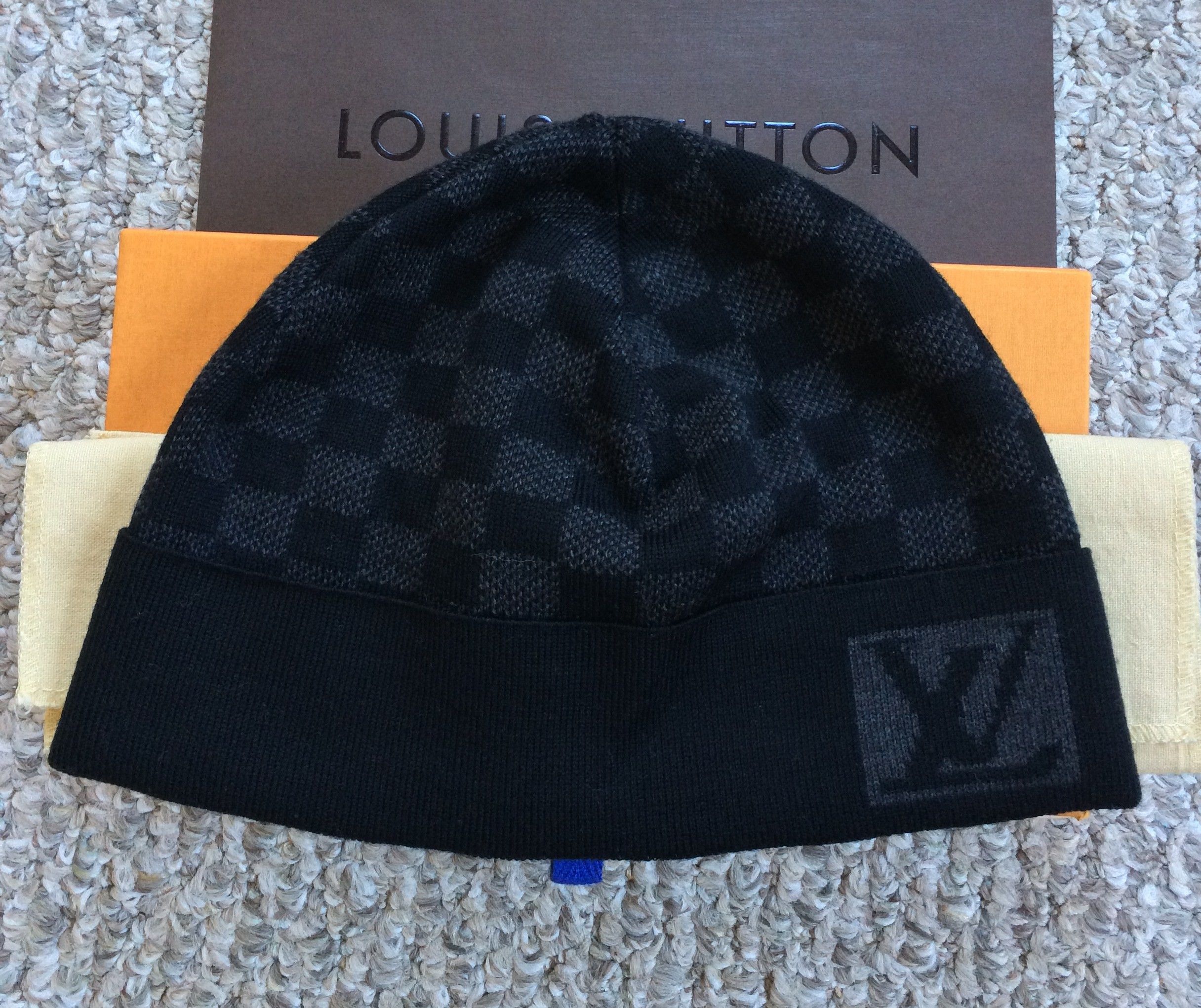 image of Louis Vuitton Damier Initiales Beanie Hat in Graphite Black, Men's
