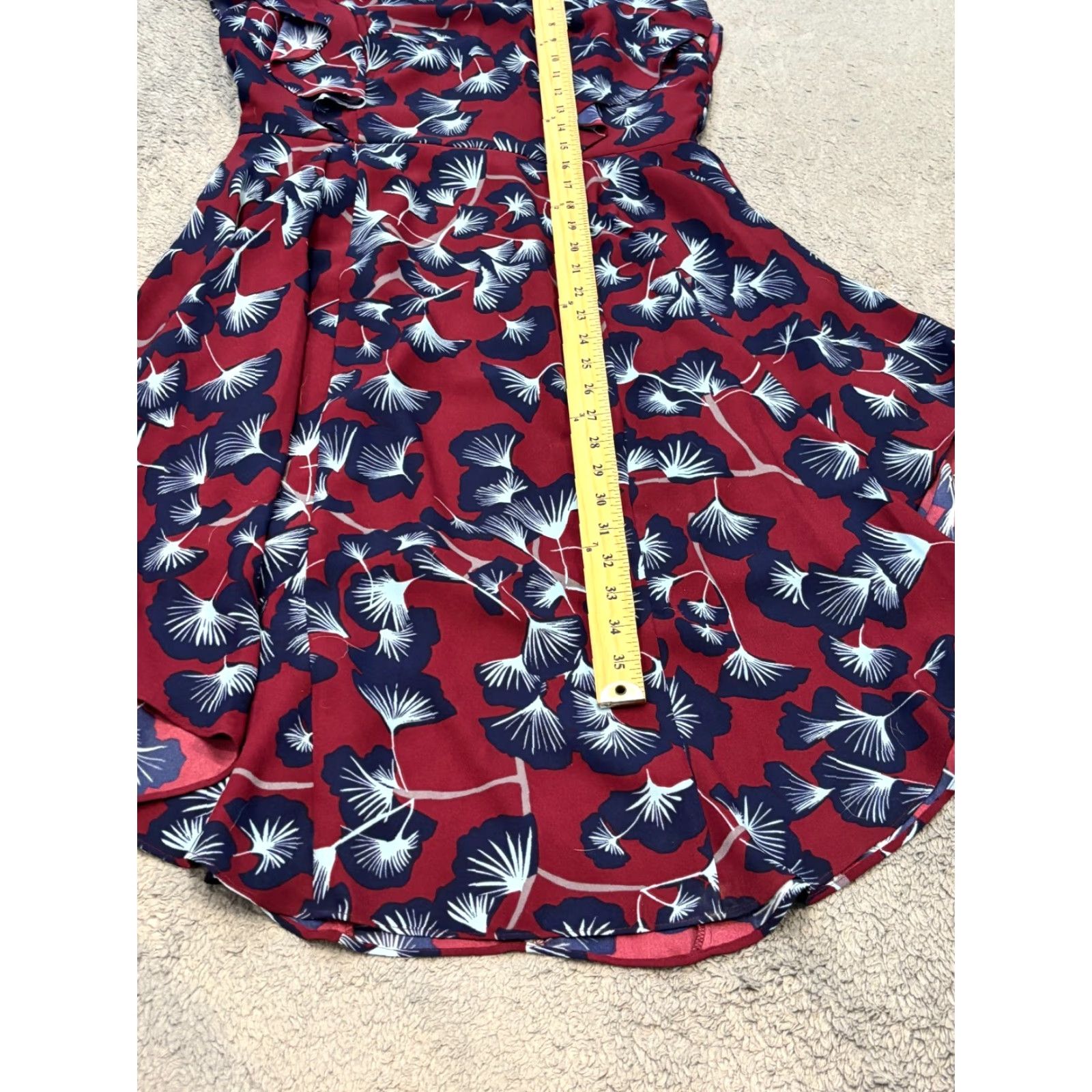 Bcbgmaxazria BCBGMAXAZRIA Dress Slim A-Line NWOT Burgundy Christiania Ginkgo Leaf Ruffle Overlay Midi Sleeveless Flutter Sleeve Round Neck Zip Size 8 Women’s Size M / US 6-8 / IT 42-44 - 4 Thumbnail