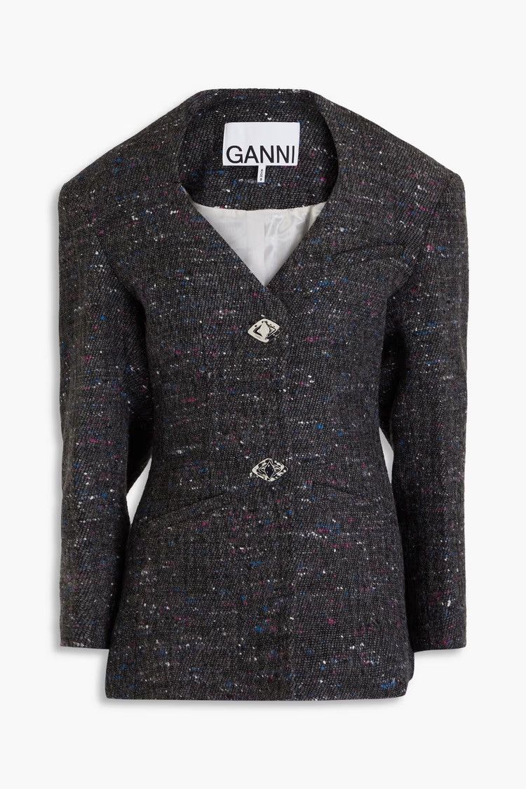 Ganni GANNI Donegal wool-blend bouclé-tweed jacket Anthracite Size XS / US 0-2 / IT 36-38 - 1 Thumbnail