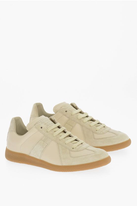 Pre-owned Maison Margiela Mm22 Leather Low Top Sneakers With Suede Details In Beige