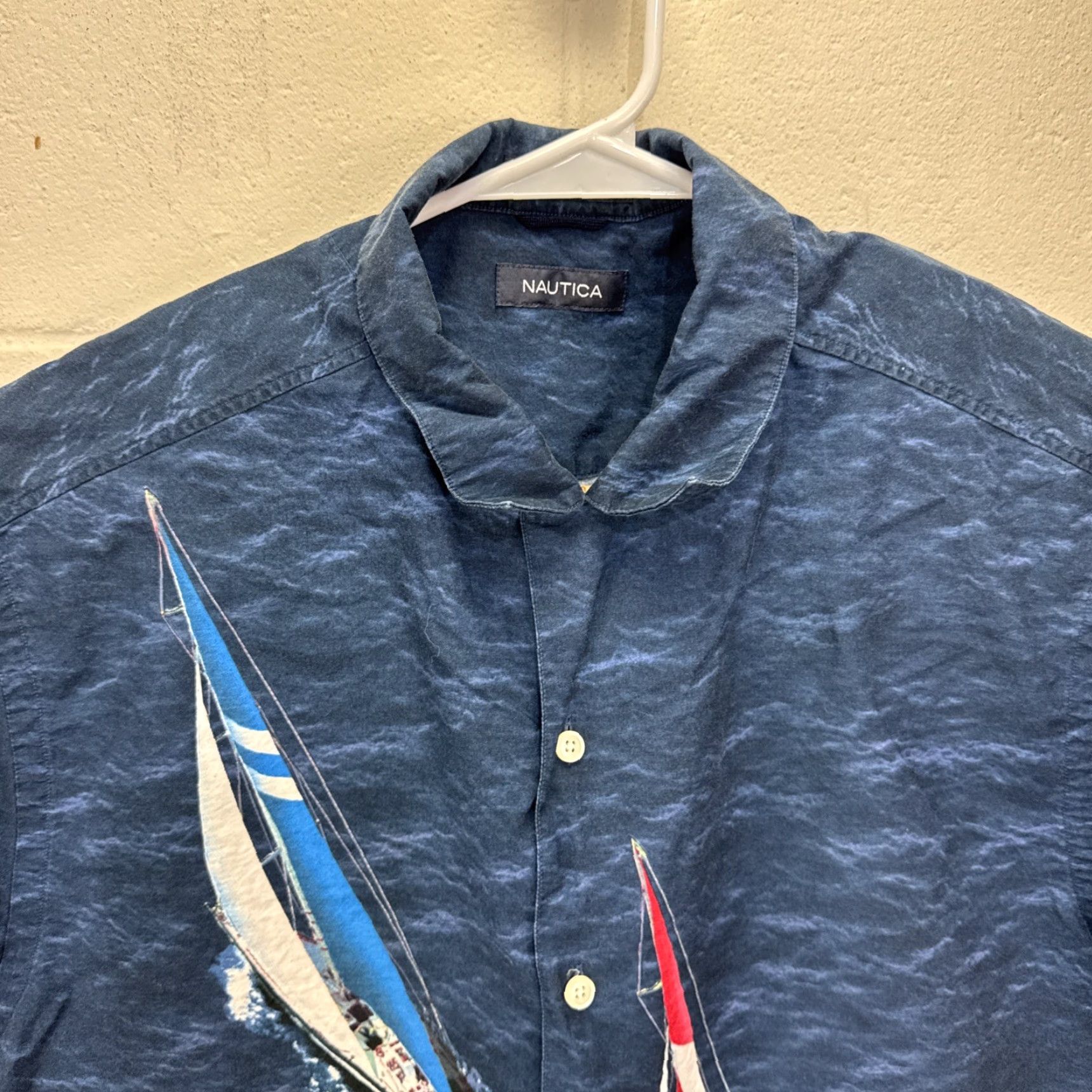 Nautica VINTAGE Nautica Shirt Mens Large Blue Button-Up Short Sleeve Sailboat Hong Kong 90s Beach Nautical Shirt Mens L Blue 90s Nautical Beach Mens Shirt Size US L / EU 52-54 / 3 - 4 Thumbnail