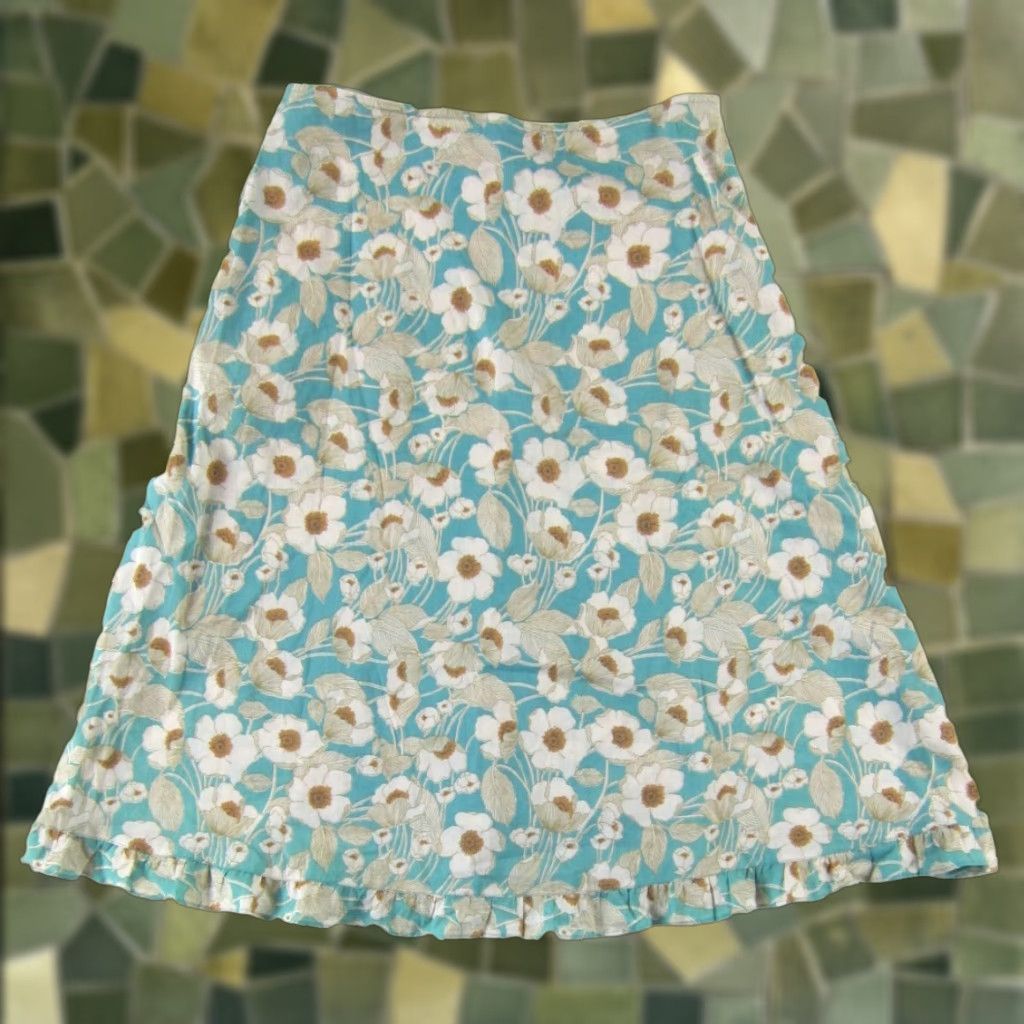 Vintage Pura Vida 100% Cotton Blue White Floral Ruffle Wrap Skirt Women Size 4 Brown Blue Size 27" / US 4 / IT 40 - 1 Thumbnail