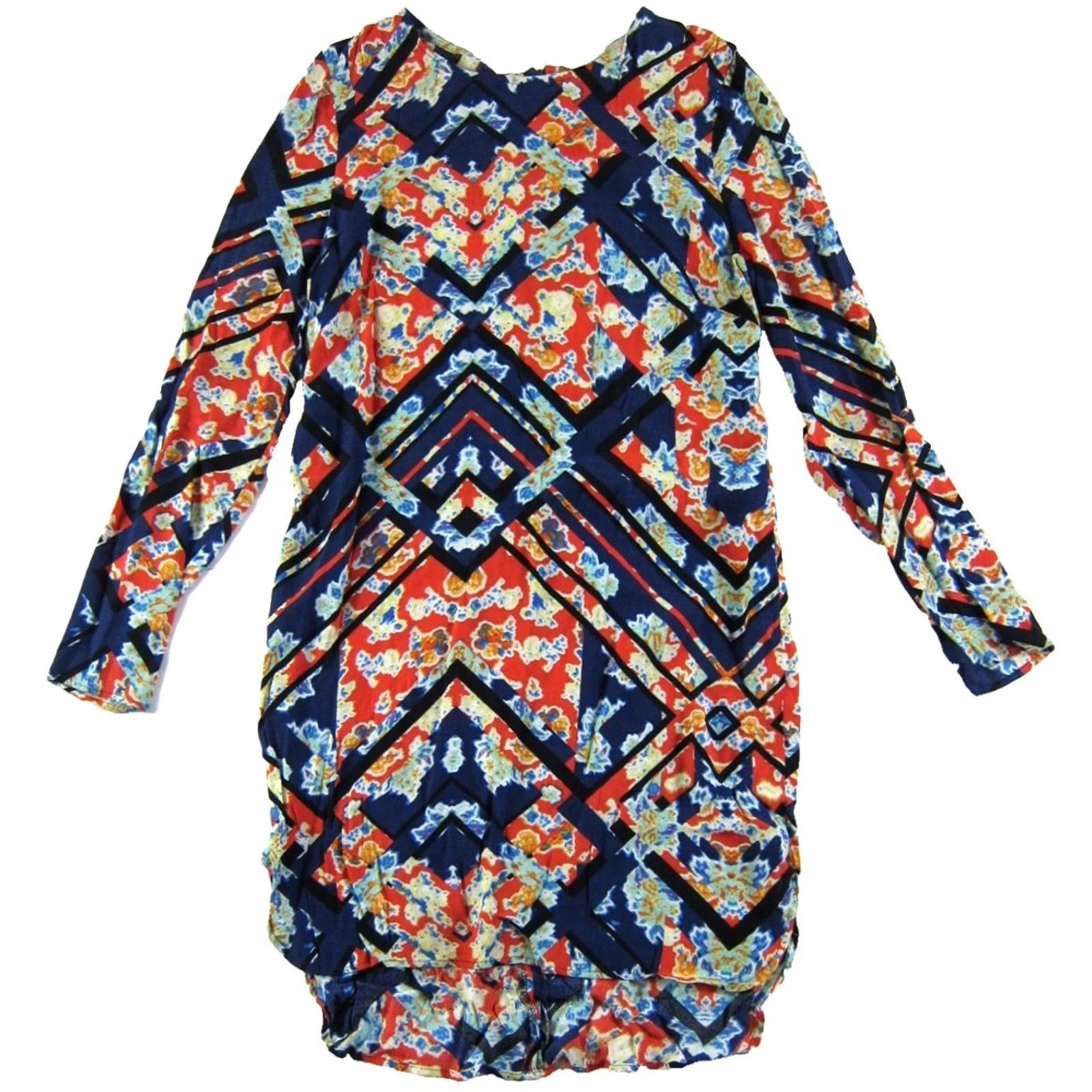 Vintage WAYF Shirt Dress XS Blue Orange Yellow Abstract Rayon Long Sleeve Shift Tunic Size XS / US 0-2 / IT 36-38 - 2 Thumbnail