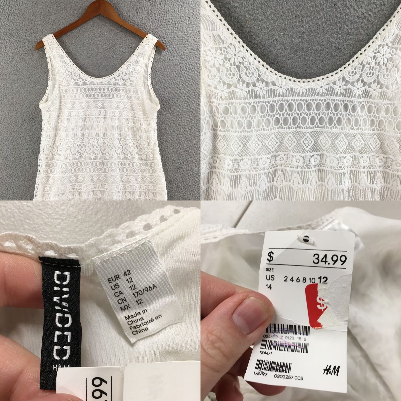 H&M H&M Crochet Mini Cover-Up Dress Womens 12 Sleeveless Scoop Neck Sheer White NEW Size XL / US 12-14 / IT 48-50 - 8 Thumbnail