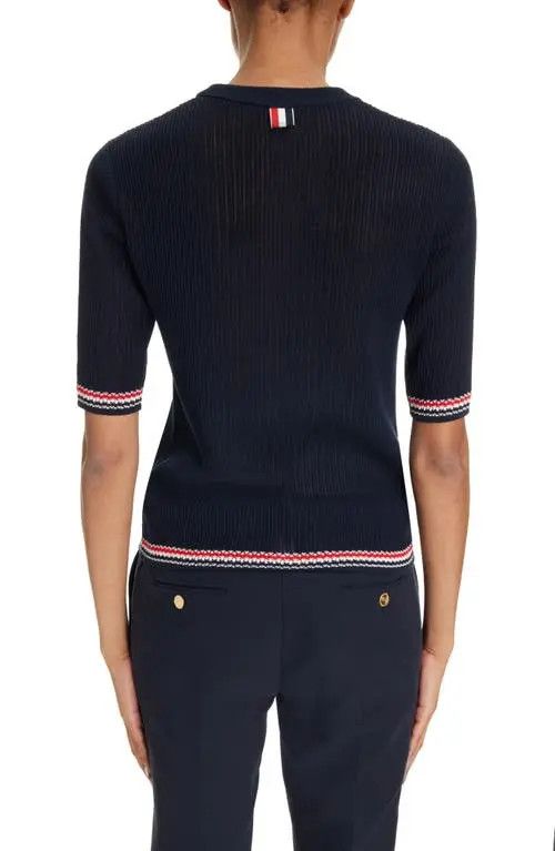 Thom Browne o1s22i1n0924 Pointelle-Knit T-Shirt in Navy Blue Size M / US 6-8 / IT 42-44 - 3 Thumbnail