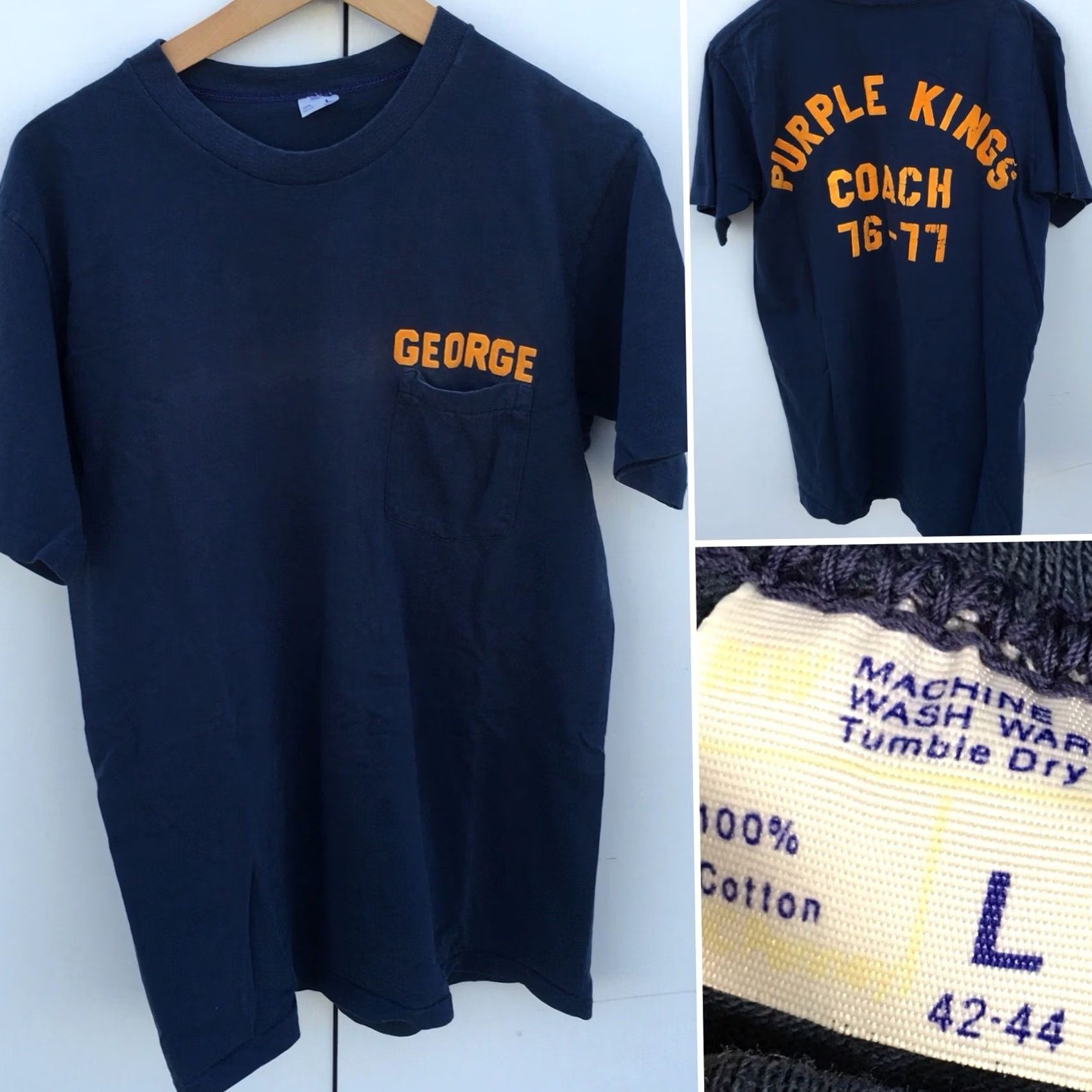 JCPenney VINTAGE GEORGE PURPLE KINGS COACH 76-77 1970s Pocket T Shirt L Blue Mens CK Paint Size US L / EU 52-54 / 3 - 3 Thumbnail