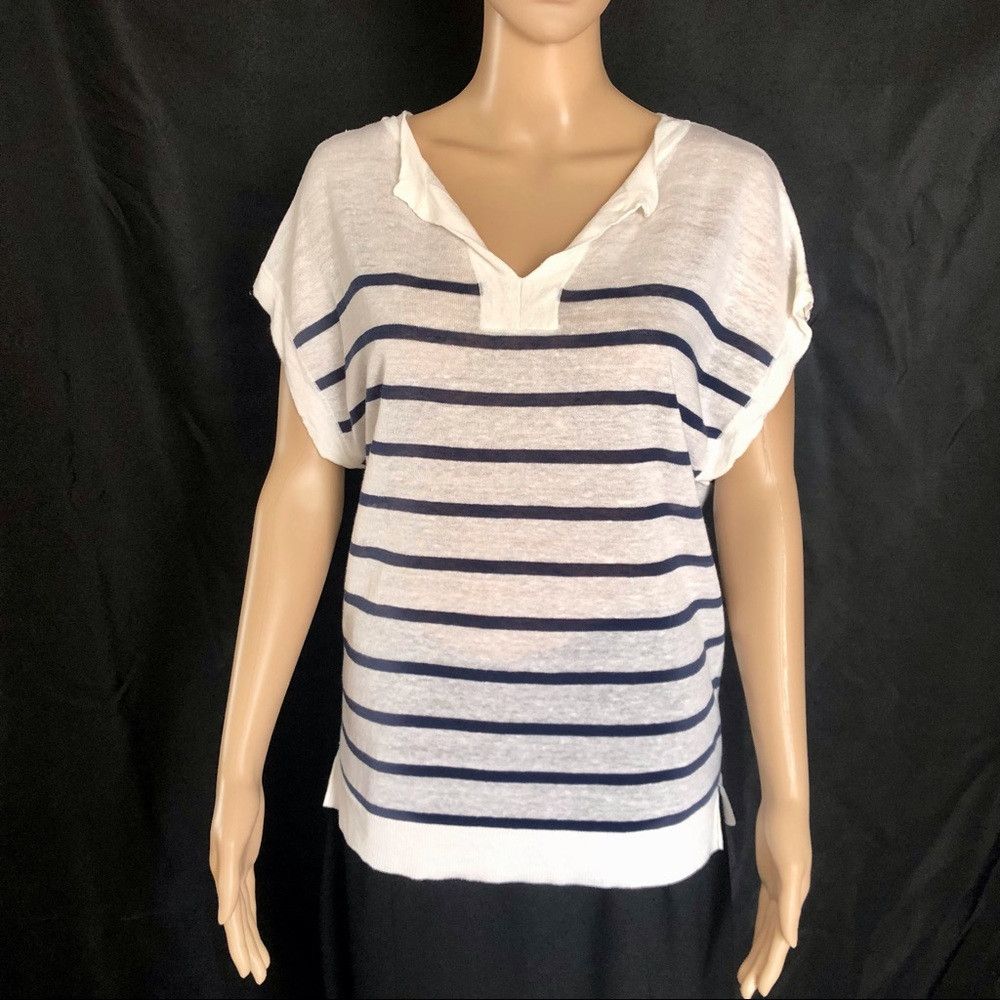 Ann Taylor New ANN TAYLOR Striped Linen-Blend Top White Blue Size S / US 4 / IT 40 - 1 Thumbnail