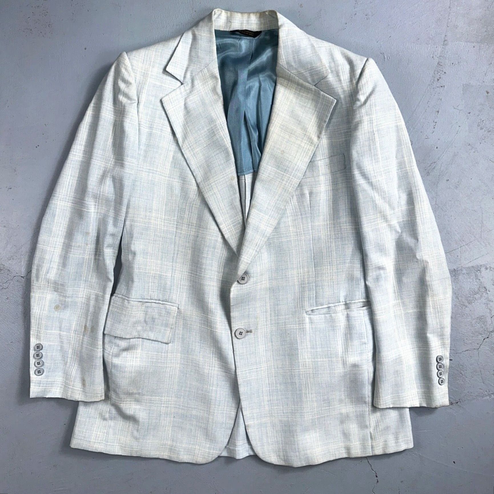 Vintage VTG Mens 3 PC Suit Jacket Coat Pants Vest Plaid Rockabilly 70s 44 Blue Size 44R - 2 Thumbnail