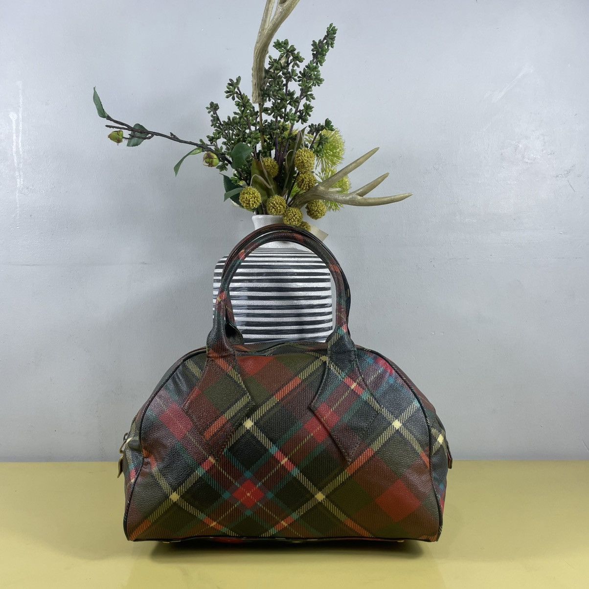 VIVIENNE WESTWOOD TARTAN LEATHER VINYL BOWLER BAG