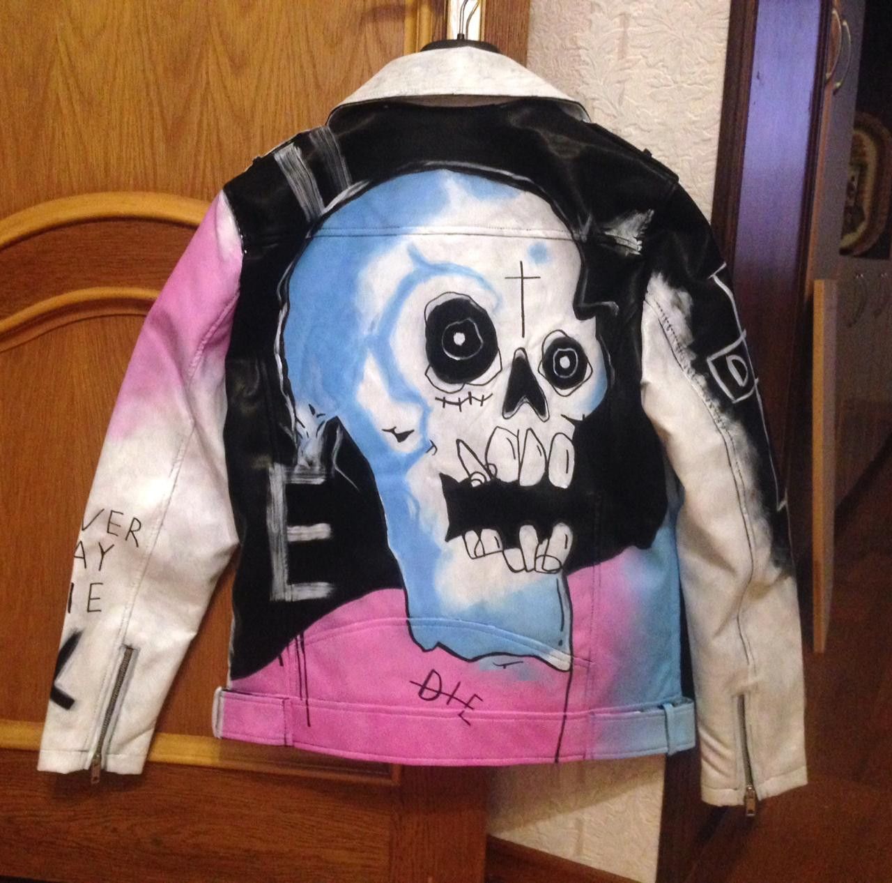 image of Lil Peep Never Say Die Leather Jacket in Black/Baby Blue/Sweet Pink, Men's (Size Medium)