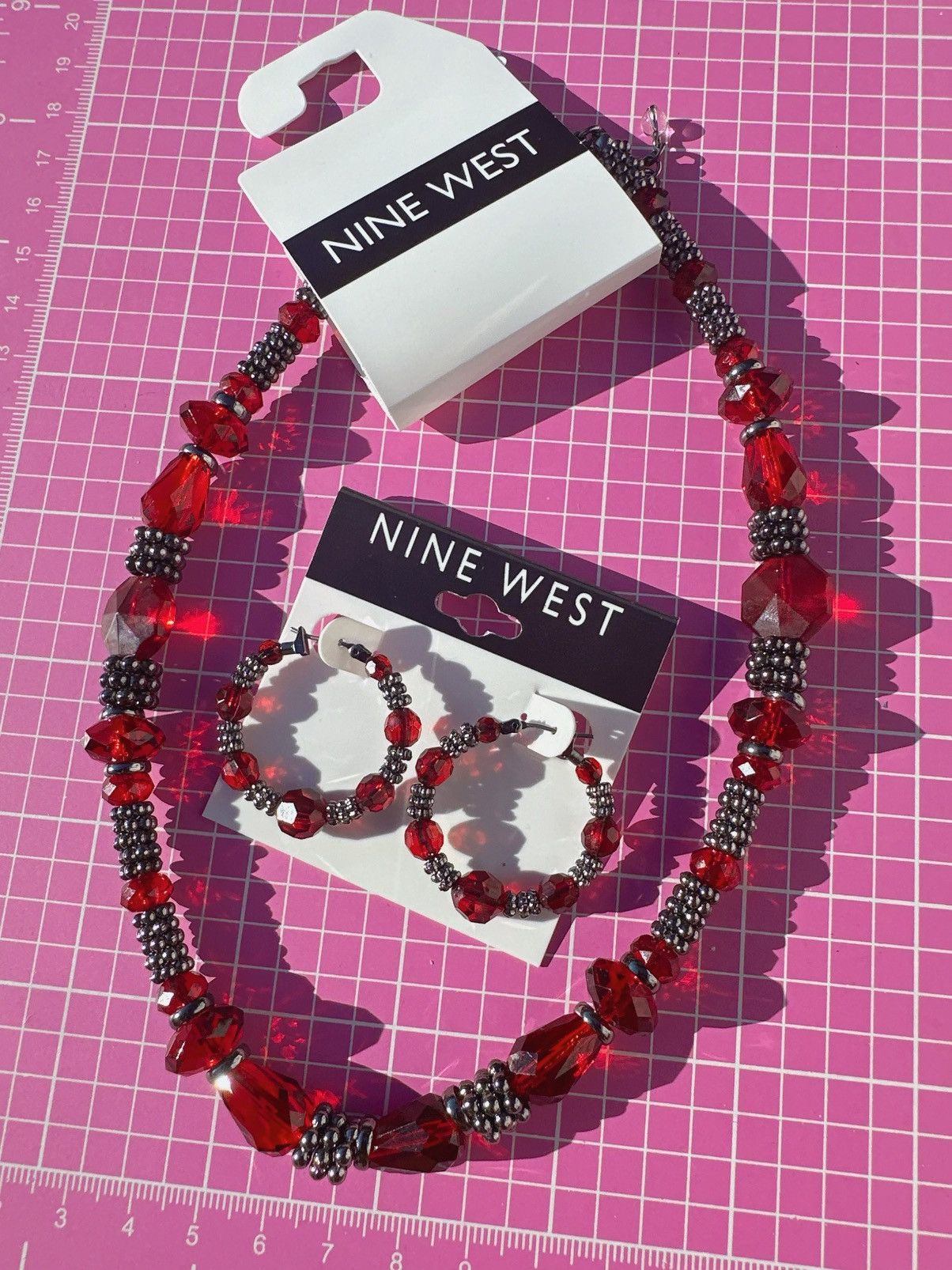 Nine West Nine West Red Crystal beaded Jewelry Set 17” necklace + ear Size ONE SIZE - 4 Thumbnail