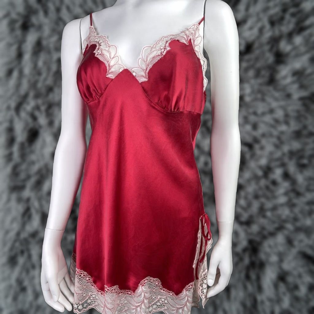 Victorias Secret Red Silk & Lace Slip Dress Lingerie Tie Back Size M Chemise, Women's