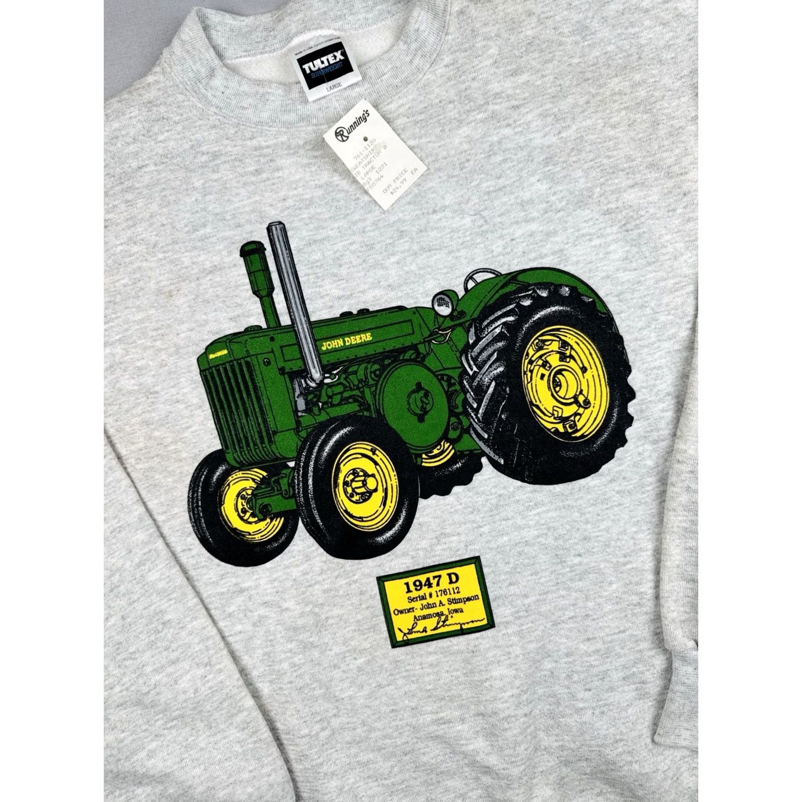 Tultex VINTAGE John Deere Sweatshirt Large Gray 90s Tultex Superweight Cotton Polyester Fleece Crew Neck Mens - USA Size US L / EU 52-54 / 3 - 6 Thumbnail