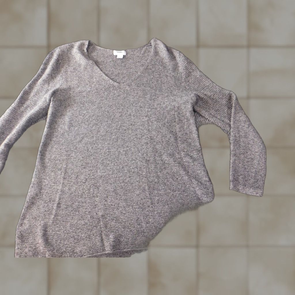 Old Navy Old Navy Womens Sweater L Gray V-Neck Pullover Puff Sleeve Knit Cotton Rayon Bow Button Size L / US 10 / IT 46 - 1 Thumbnail