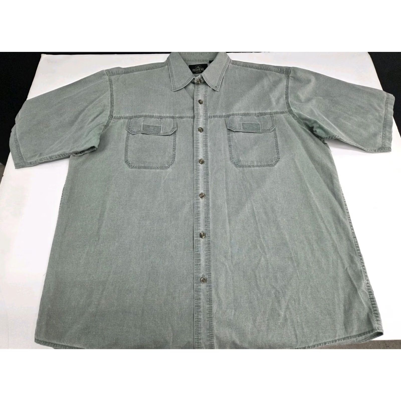 Vintage Redhead Button-Up Shirt Green XL Short Sleeve Cotton Collared Casual, Travel, Workwear, All Seasons, Pockets, Regular Fit, White Space Size US XL / EU 56 / 4 - 2 Thumbnail