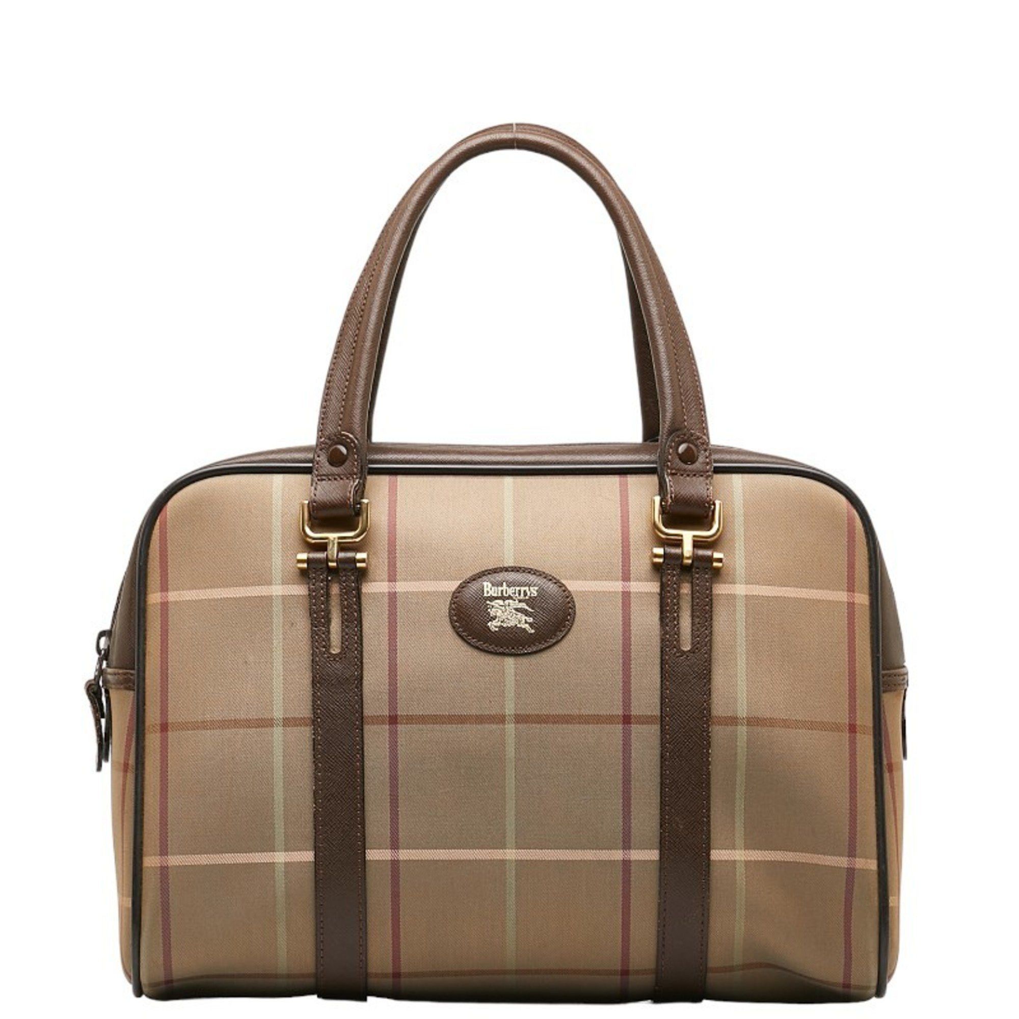 image of Burberry Check Handbag Boston Bag Khaki Brown Canvas Leather Women's Burberry