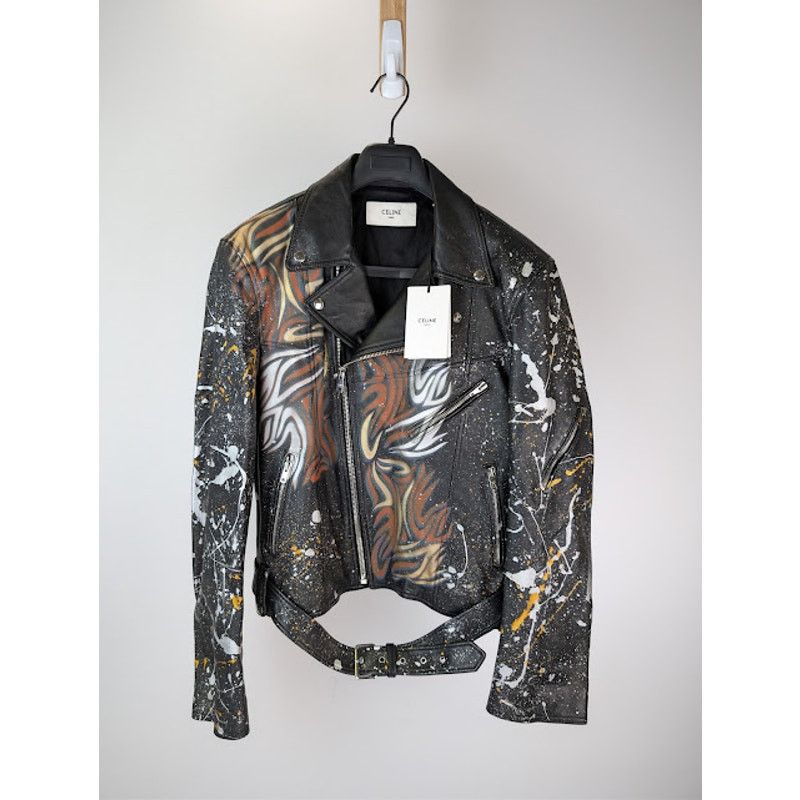 Celine o1rshd1 Hand Painted Biker Jacket in Black Size US L / EU 52-54 / 3 - 1 Thumbnail