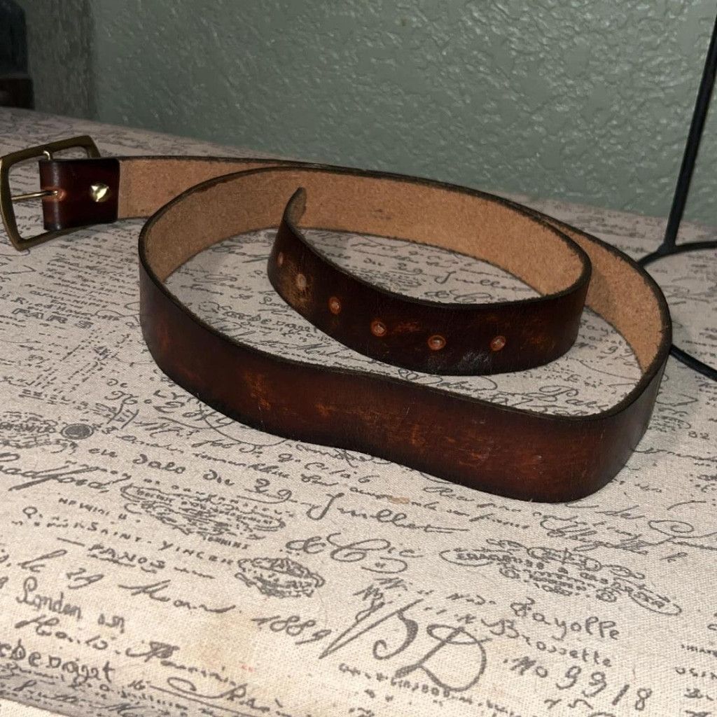 The Unbranded Brand Brown leather belt with brass buckle 52” #leather #buckle Size 42 - 3 Thumbnail
