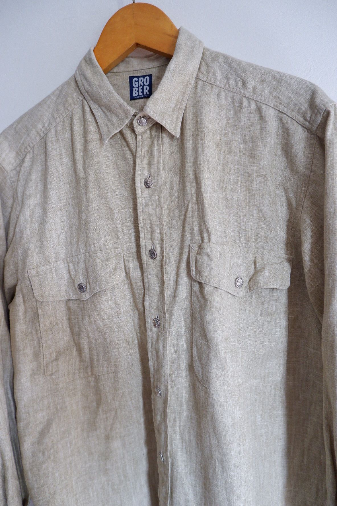 Japanese Brand Vintage GROBER Japan - Silver Button Linen shirts Size US M / EU 48-50 / 2 - 3 Thumbnail