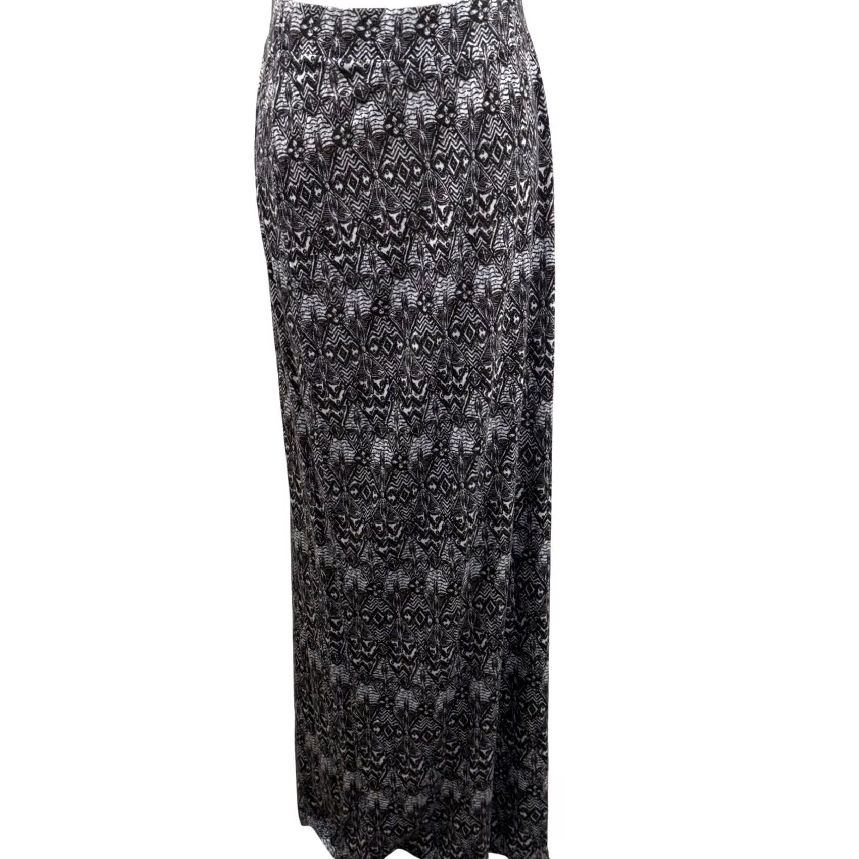 Gloria Vanderbilt Gloria Vanderbilt Maxi Skirt Geometric Ikat Print Slit Jersey Black White Multicolor Women M Slit Resort Vacation Boho Chic Office Travel Women Size 32" / US 10 / IT 46 - 2 Thumbnail