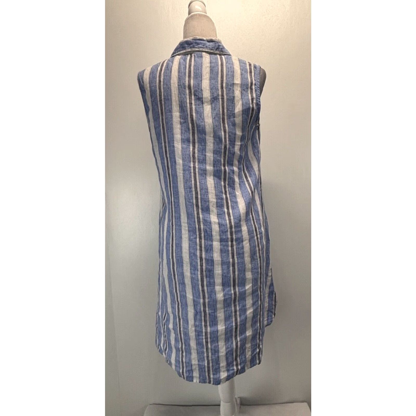 Vintage Blue Linen Striped Shirt Dress Small Sleeveless Pockets Preppy Womens Size S / US 4 / IT 40 - 3 Thumbnail