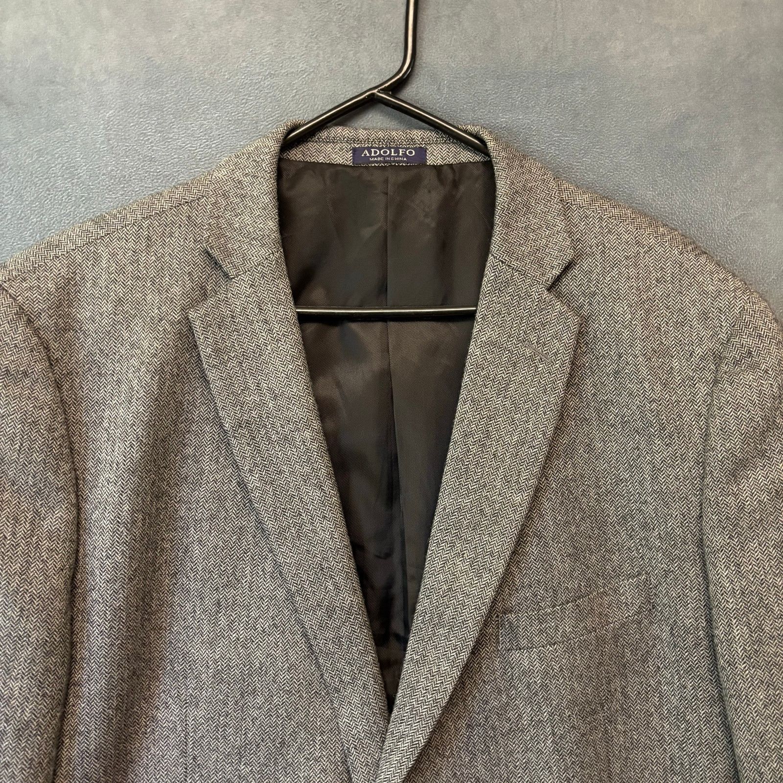 Other Vintage Adolfo 100% Lambswool Gray Herringbone Blazer 48R Size 48R - 2 Thumbnail