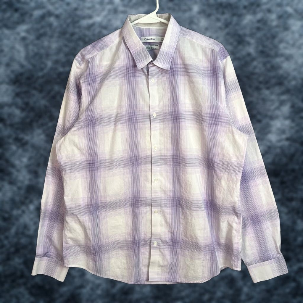 Calvin Klein Calvin Klein Purple & White Plaid Dress Shirt Mens Large 16-16.5 Shirt Men Adult Large Purple Plaid Long Sleeve Button-Up Dress Shirt Mens 16-16.5 Size 42R - 1 Thumbnail