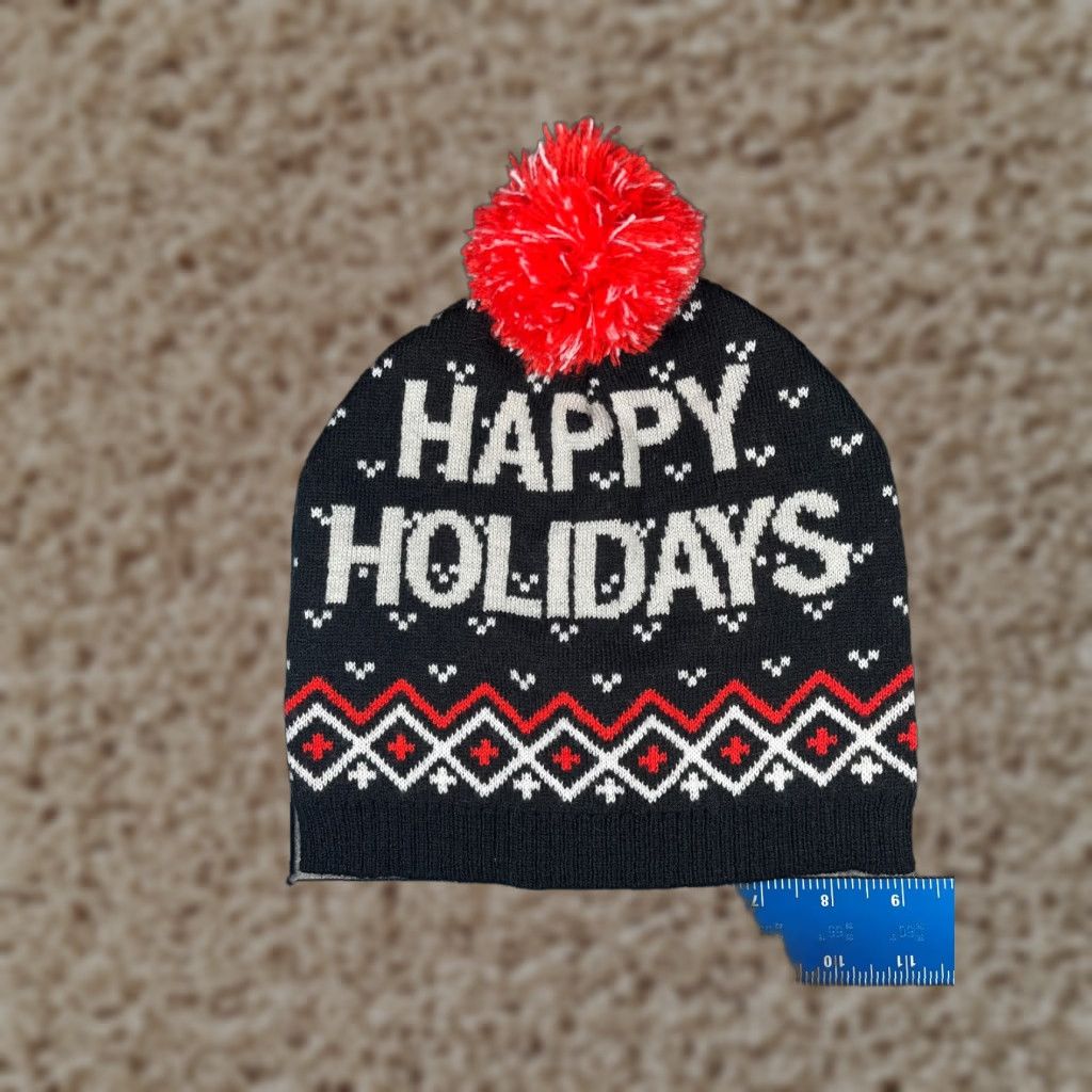 Vintage HAPPY HOLIDAYS Beanie Toque Adult One Size Black Fair Isle Knit Acrylic Pom Shirt Hats Unisex Adults Christmas Theme Beanie Mens Womens Size ONE SIZE - 1 Thumbnail
