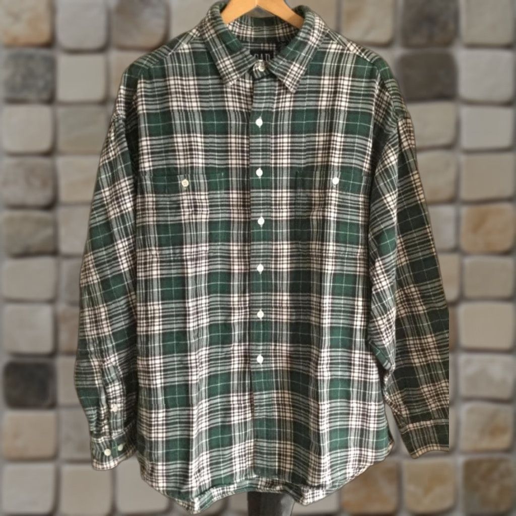 Gap Vintage GAP Light Flannel Check Shirt Men's XL - 90s Casual Cotton Long Sleeve Shirt, Green/White Size US XL / EU 56 / 4 - 1 Thumbnail